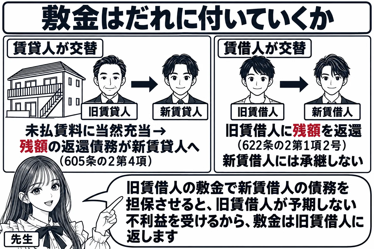 板書の図解。黒板を左右に分け、左に「賃貸人が交替」として建物の絵と旧賃貸人から新賃貸人への矢印、その下に「未払賃料に当然充当→残額の返還債務が新賃貸人へ（605条の2第4項）」。右に「賃借人が交替」として旧賃借人から新賃借人への矢印、その下