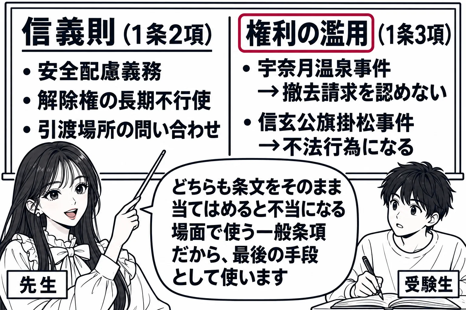 教室の黒板の前。先生が教師役（札「先生」）で立ち、黒板を左右二つに分けて書いている。左の見出し「信義則（1条2項）」の下に「安全配慮義務」「解除権の長期不行使」「引渡場所の問い合わせ」、右の見出し「権利の濫用（1条3項）」の下に「宇奈月温泉