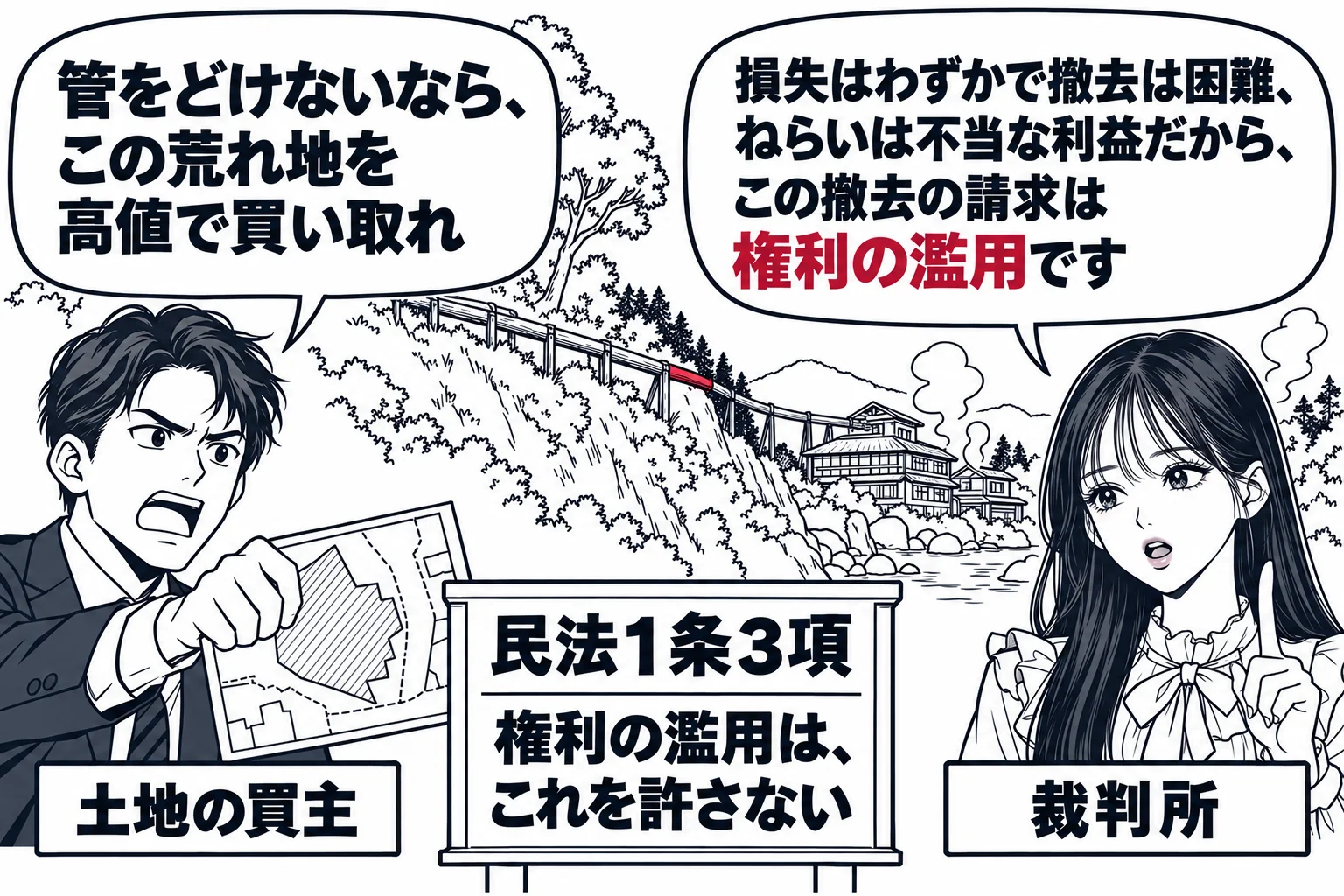 山あいの温泉町の場面。斜面の山林のごく端を細い木の引湯管が通り、その先に温泉旅館の湯けむりが見える。山林の端に男性（札「土地の買主」）が立ち、図面を突き出している。吹き出し「管をどけないなら、この荒れ地を高値で買い取れ」。手前に先生が裁判官