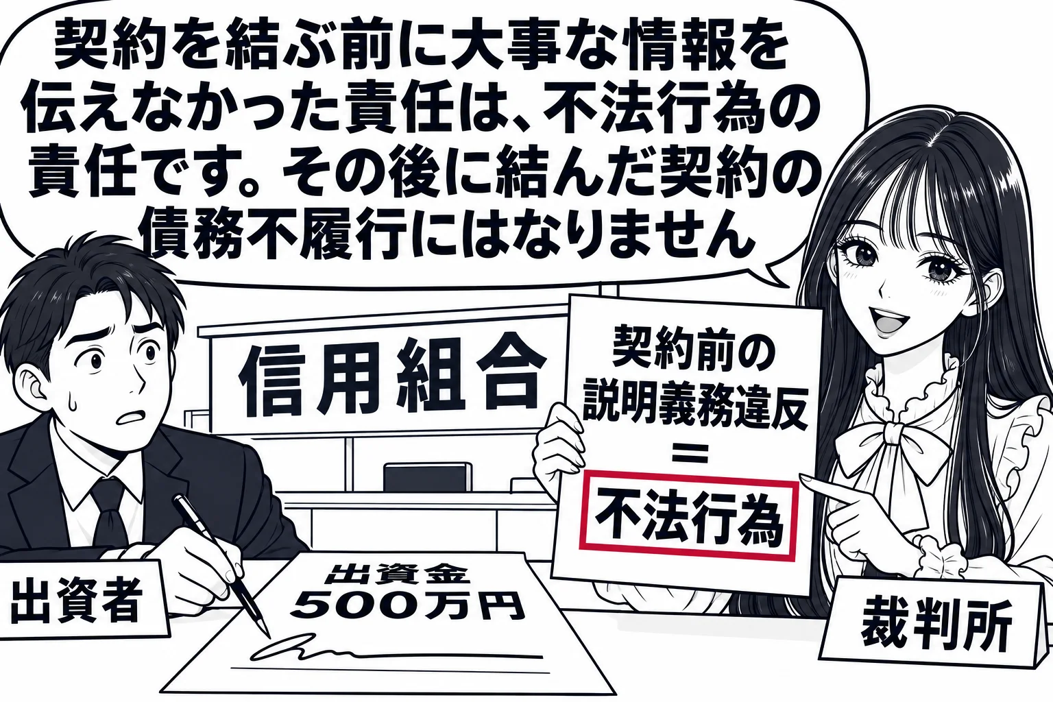 信用組合の窓口の場面。カウンターに出資の申込書（「出資金 500万円」）。男性（札「出資者」）がペンを持ってサインしかけている。先生が裁判官役（札「裁判所」）で窓口の横に立ち、書面（「契約前の説明義務違反＝不法行為」）を掲げている。先生の吹