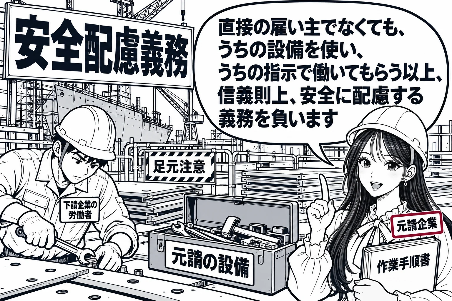 造船所の作業場の場面。クレーンと鉄板が並ぶ作業場で、作業服の男性（札「下請企業の労働者」）が元請企業の工具箱（札「元請の設備」）を使って作業している。そのそばに安全柵と標識「足元注意」。先生が元請企業の現場責任者役（札「元請企業」）でヘルメ