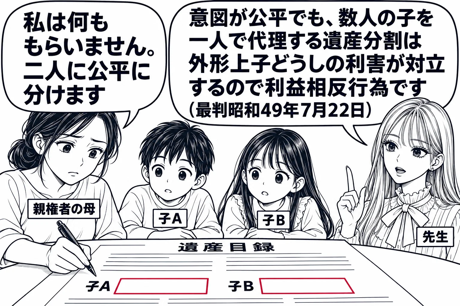 遺産分割協議の座卓の場面。座卓の上に遺産目録。母親（札「親権者の母」）が二人の幼い子（札「子A」「子B」）の分の署名欄に一人で署名しようとしている。母の吹き出し「私は何ももらいません。二人に公平に分けます」。先生が説明役（札「先生」）で立ち