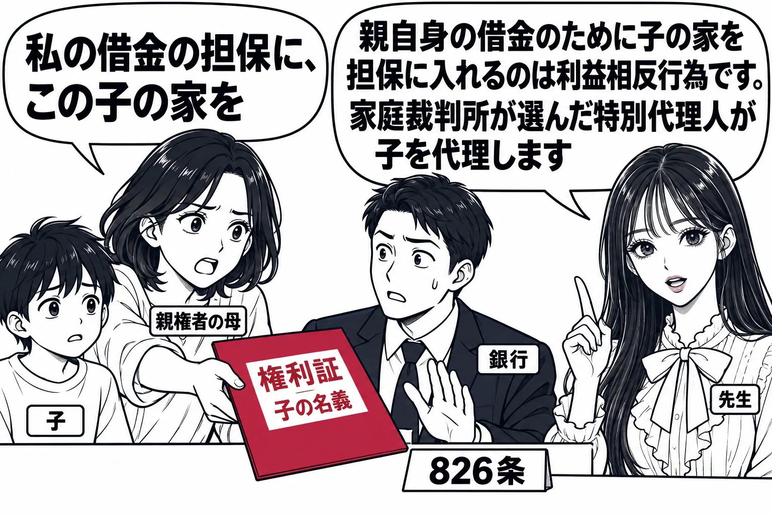 銀行の融資窓口の場面。母親（札「親権者の母」）が未成年の息子（札「子」）の名義の家の権利証を差し出し、「私の借金の担保に、この子の家を」と言っている。窓口の行員（札「銀行」）が手を止めている。先生が説明役（札「先生」）で立ち、吹き出し「親自