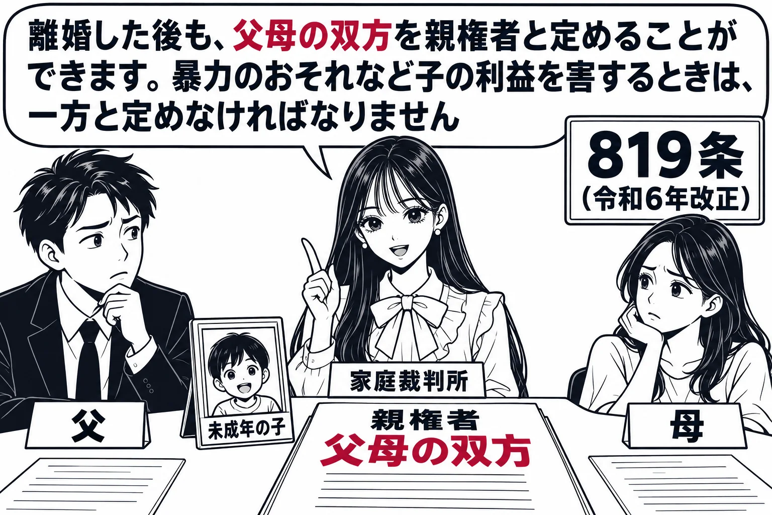 家庭裁判所の調停室の場面。テーブルを挟んで父（札「父」）と母（札「母」）が座り、間に子の写真立て（札「未成年の子」）。テーブルの上に「親権者　父母の双方」と書いた書面。先生が調停委員役（札「家庭裁判所」）で座り、吹き出し「離婚した後も、父母