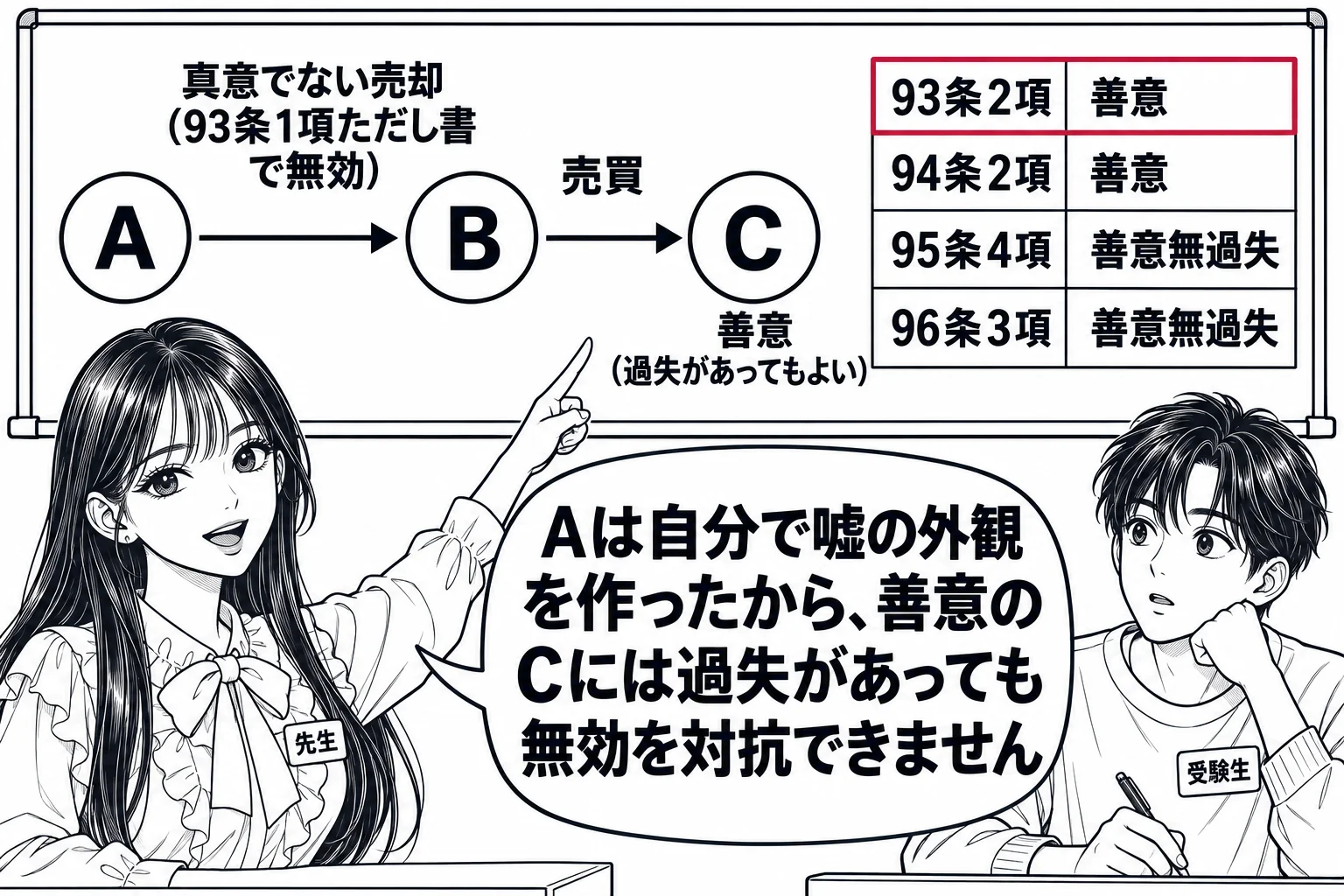 教室の板書の図解。黒板に左から「A」→「B」→「C」の三人の丸と矢印。A→Bの矢印に「真意でない売却（93条1項ただし書で無効）」、B→Cの矢印に「売買」。Cの丸の下に「善意（過失があってもよい）」。黒板の右端に比較の表「93条2項 善意／
