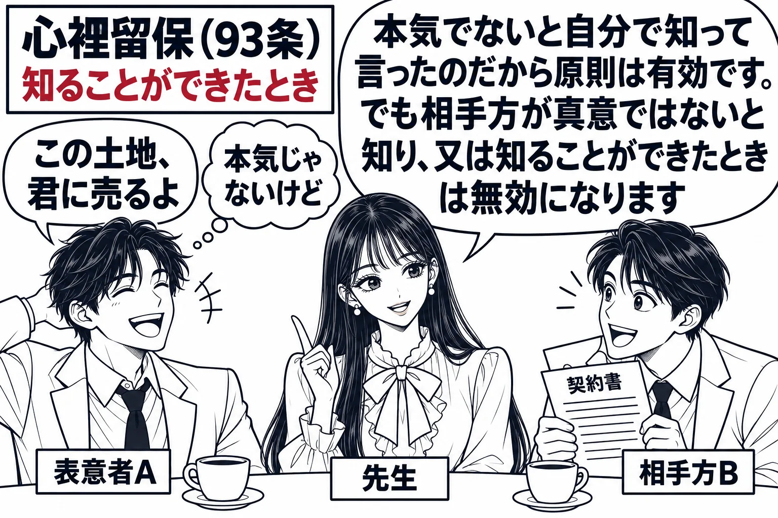 喫茶店のテーブルの場面。左に男性（札「表意者A」）が笑いながら「この土地、君に売るよ」と言い、心の中の吹き出しに「本気じゃないけど」。右に男性（札「相手方B」）が契約書を手に身を乗り出している。テーブルの横に先生（札「先生」）が立ち、吹き出