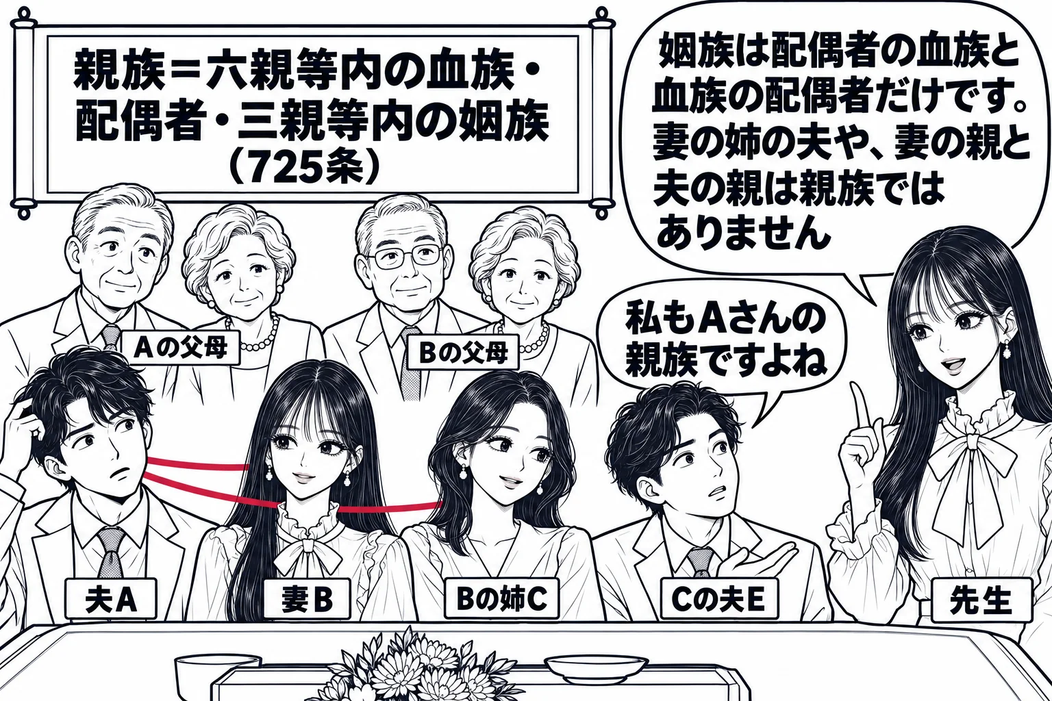 法事のあとの座敷の場面。座卓を囲んで親戚が集まっている。男性（札「夫A」）の隣に女性（札「妻B」）、Bの横に女性（札「Bの姉C」）とその夫（札「Cの夫E」）、奥にAの両親（札「Aの父母」）とBの両親（札「Bの父母」）。Eが「私もAさんの親族