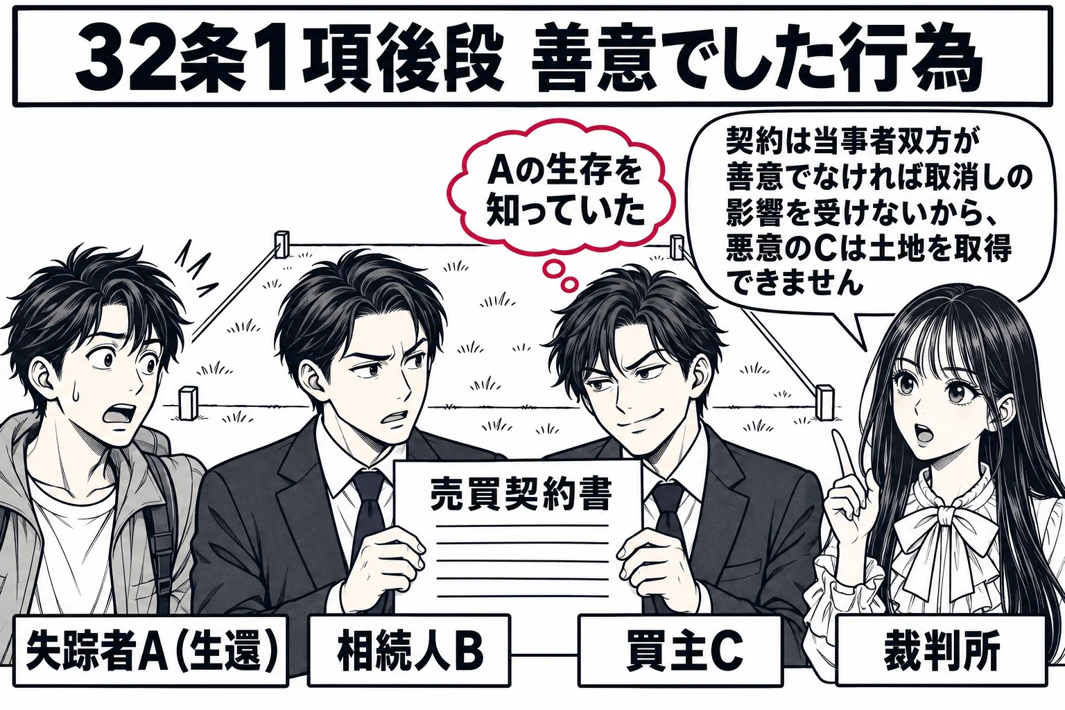 土地の前の場面。左に男性（札「失踪者A（生還）」）が戻ってきて驚いている。中央に男性（札「相続人B」）と男性（札「買主C」）が売買契約書を挟んで立つ。Cの頭上に「Aの生存を知っていた」の吹き出しの思考雲。右に先生が裁判官役（札「裁判所」）で
