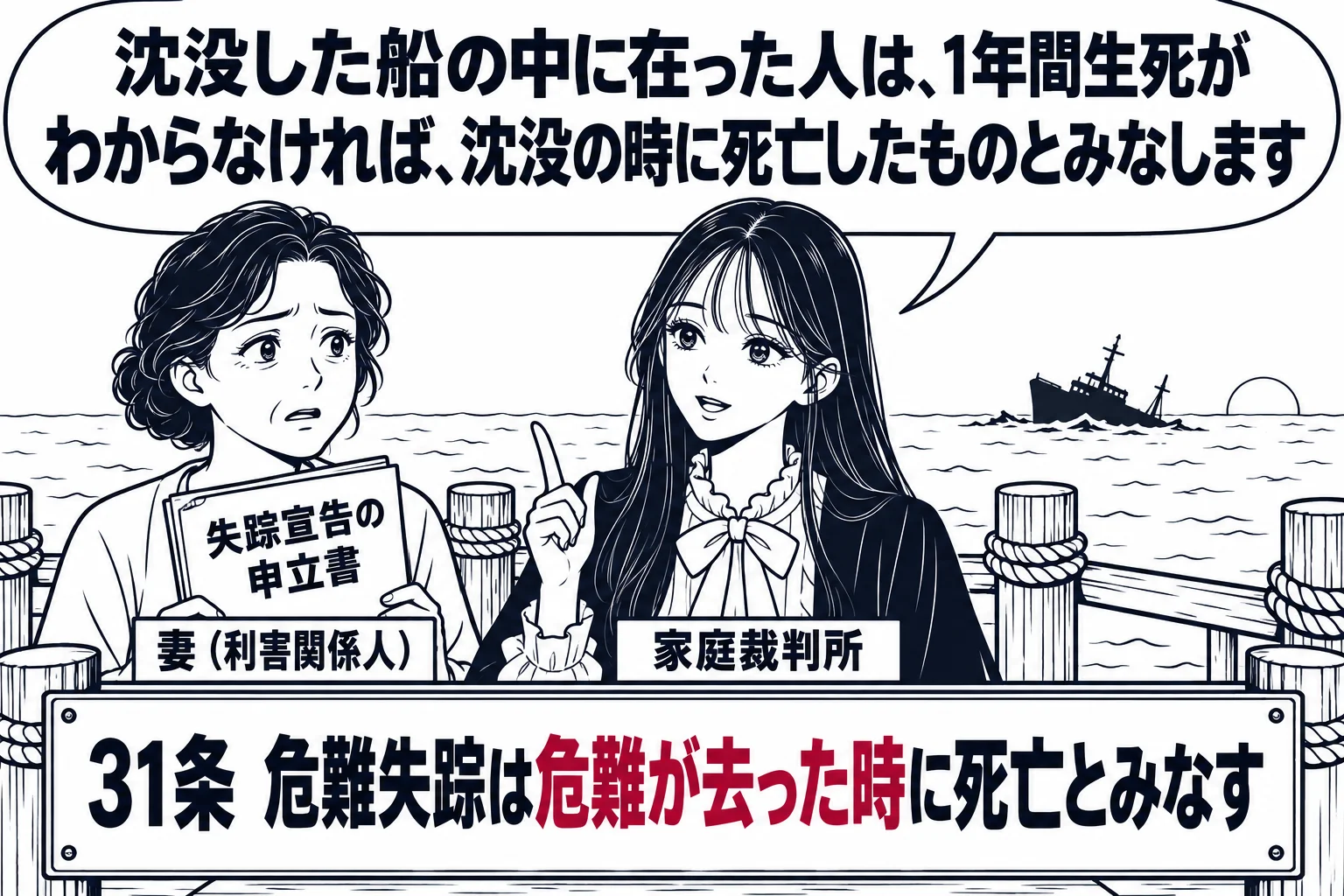 港の桟橋の場面。遠くの海に沈みかけた船の小さなシルエット。桟橋に中年の女性（札「妻（利害関係人）」）が立ち、手に「失踪宣告の申立書」を持っている。横に先生が裁判官役（札「家庭裁判所」）で立ち、吹き出し「沈没した船の中に在った人は、1年間生死