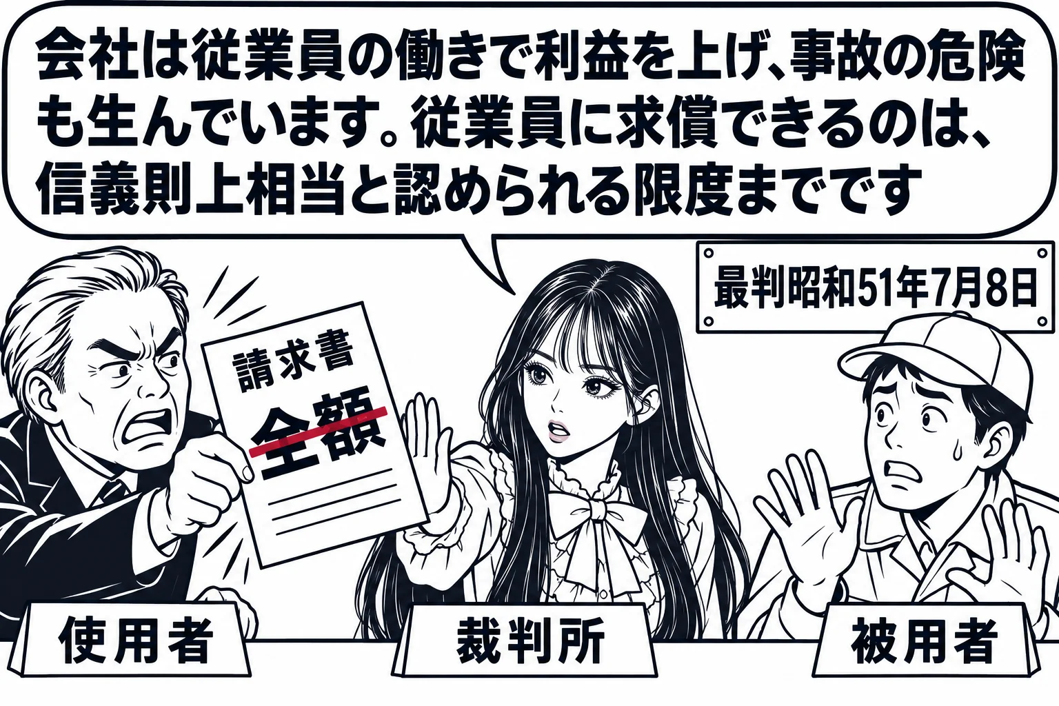 会社の応接室の場面。机をはさんで、社長（札「使用者」）が全額の請求書を運転手（札「被用者」）に突きつけようとしている。先生が裁判官役（札「裁判所」）で間に手を入れている。先生の吹き出し「会社は従業員の働きで利益を上げ、事故の危険も生んでいま