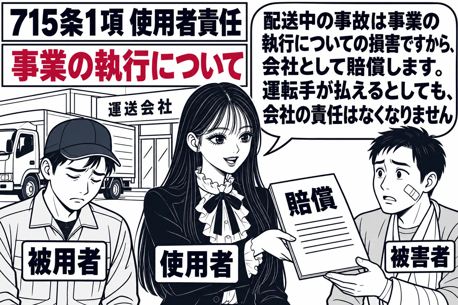 運送会社の営業所の前の場面。配送トラックの横で、運転手の男性（札「被用者」）がうなだれている。先生が会社の社長役（札「使用者」）で、被害者の男性（札「被害者」）に賠償の書類を差し出している。先生の吹き出し「配送中の事故は事業の執行についての