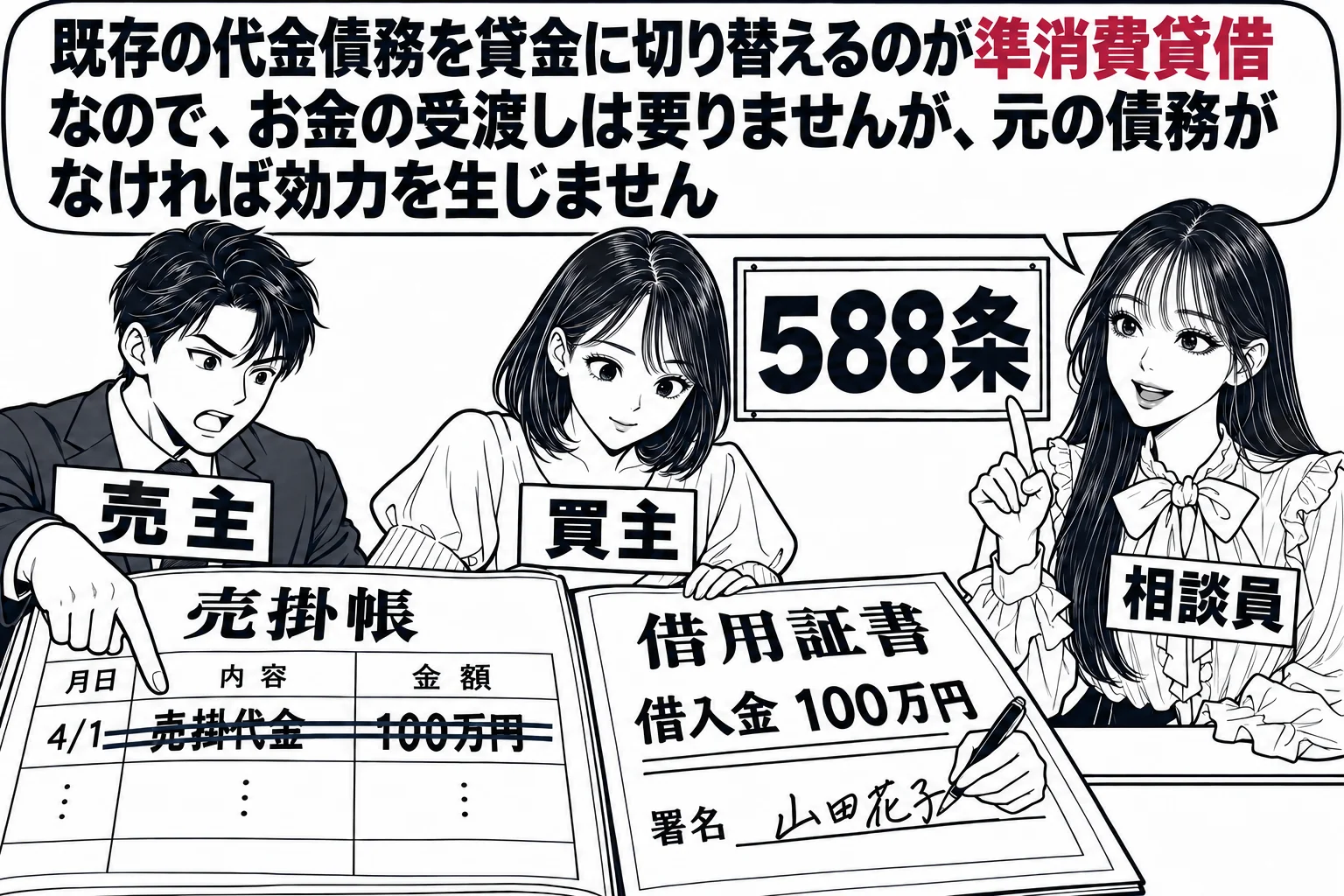 商店の帳場の場面。男性（札「売主」）が売掛帳の「売掛代金100万円」の行を指さし、女性（札「買主」）がその行を消して「借入金100万円」と書き換えた借用証書に署名している。先生が相談員役（札「相談員」）で帳場の横に立つ。先生の吹き出し「既存