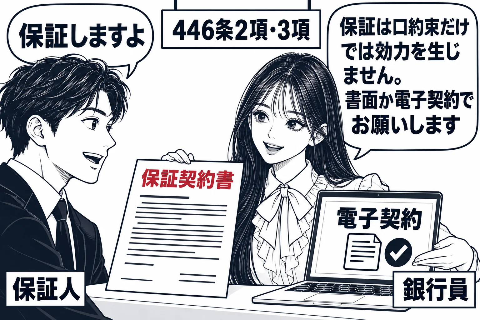 金融機関の窓口の場面。窓口の外に保証人になる男性（札「保証人」）が座り、口頭で「保証しますよ」と言っている。窓口の内側に先生が銀行員役で座り、男性の前に「保証契約書」とパソコン画面の「電子契約」を並べて差し出している。先生の吹き出し「保証は