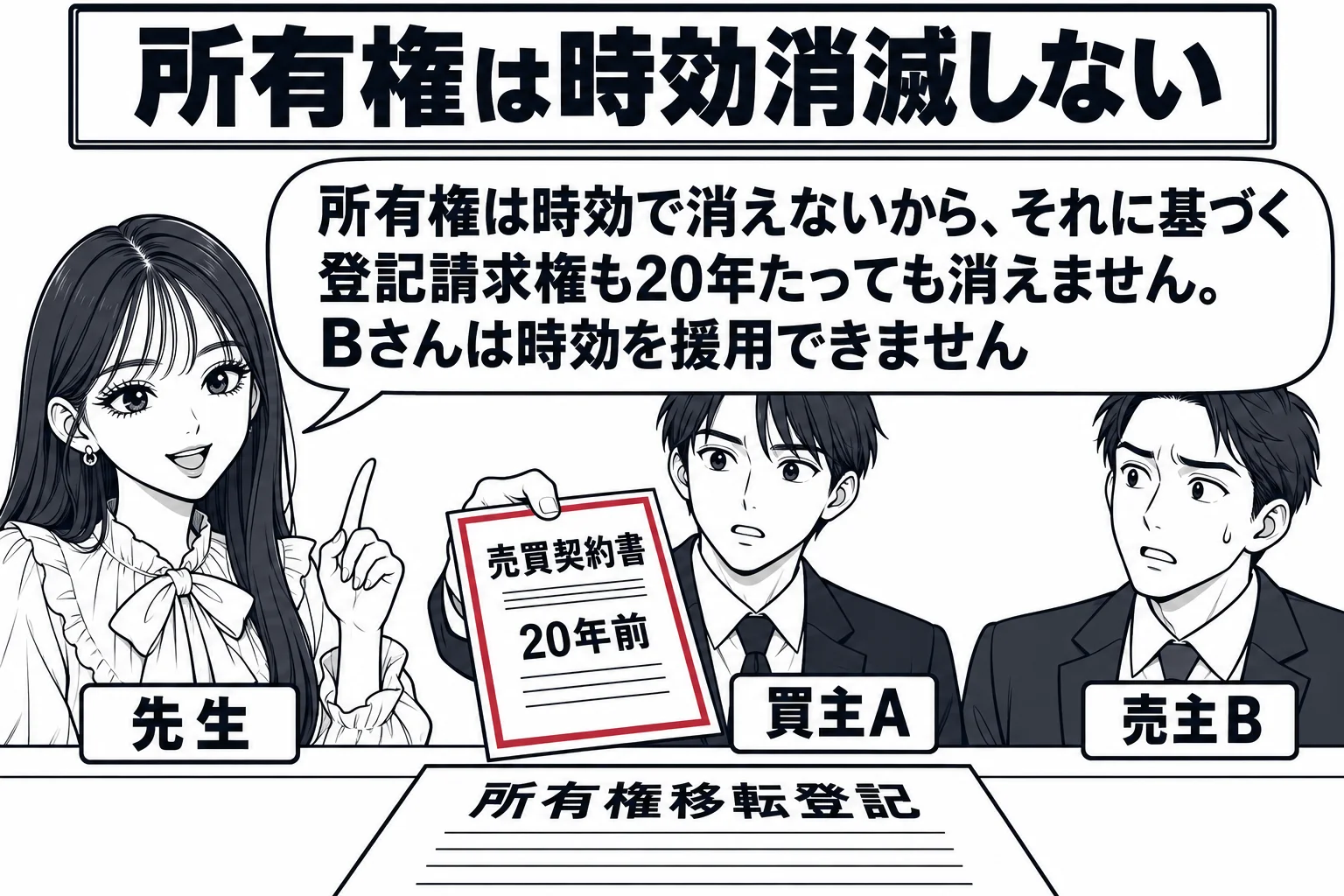 登記所の窓口の場面。カウンターに登記申請書（「所有権移転登記」）。男性（札「買主A」）が20年前の売買契約書を差し出している。カウンターの横に男性（札「売主B」）が立っている。先生が説明役（札「先生」）として買主の横に立っている。先生の吹き