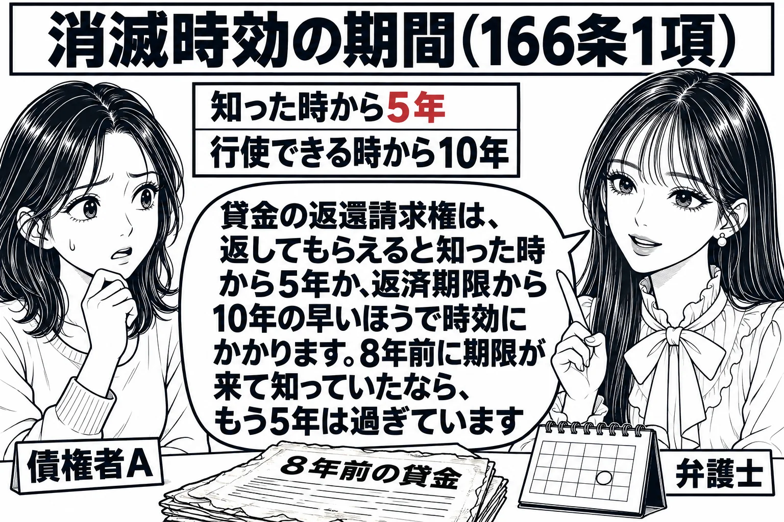 法律事務所の相談室の場面。机の上に古い借用書（「8年前の貸金」）と卓上カレンダー。女性の相談者（札「債権者A」）が座っている。先生が弁護士役（札「弁護士」）で、壁に貼った表を指している。表には「知った時から5年」「行使できる時から10年」と