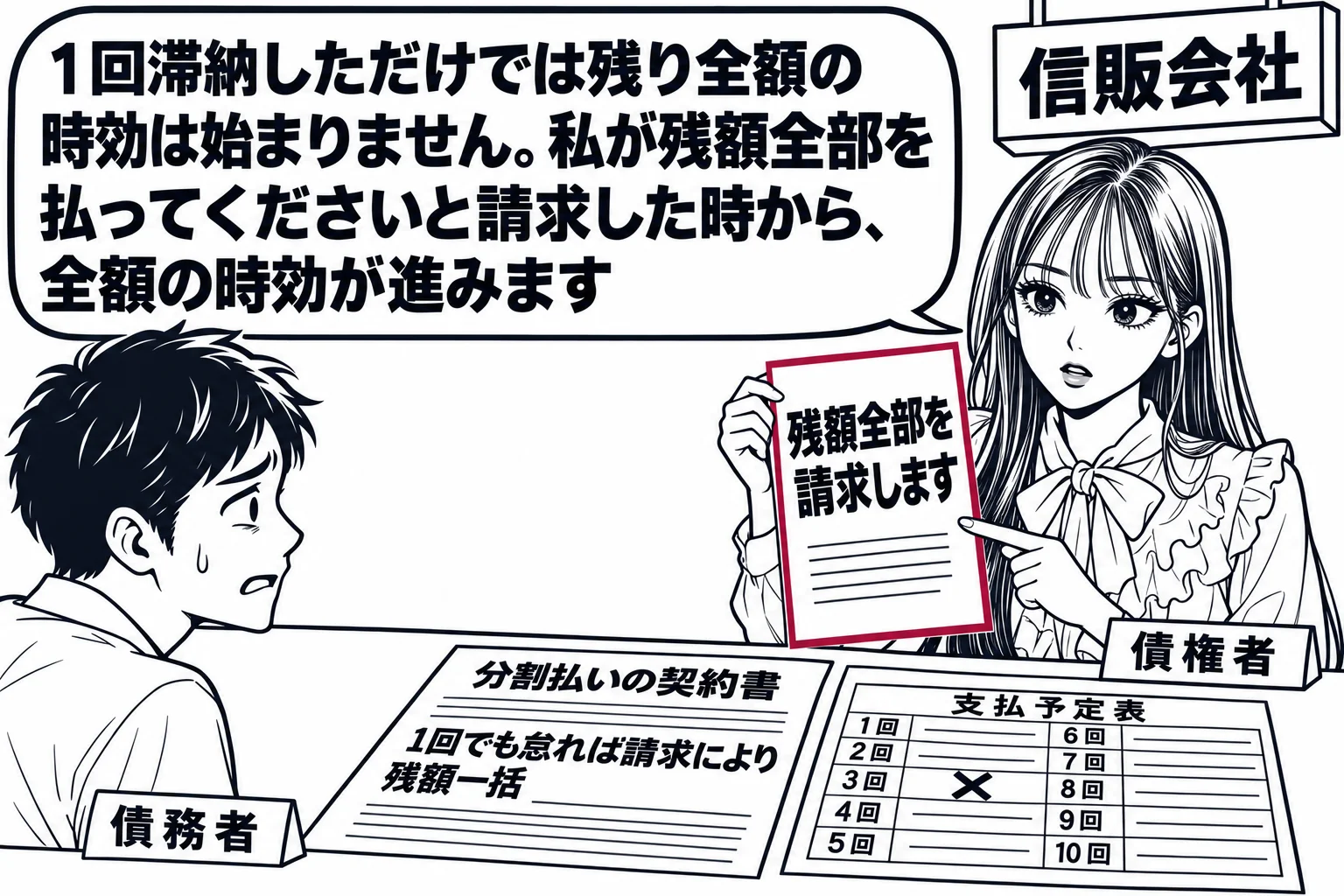 信販会社の窓口の場面。カウンターの上に分割払いの契約書（「1回でも怠れば請求により残額一括」）と、支払予定表（10回分のうち3回目に×印）。男性（札「債務者」）が困った顔で座っている。先生が債権者役（札「債権者」）でカウンターの内側に立ち、