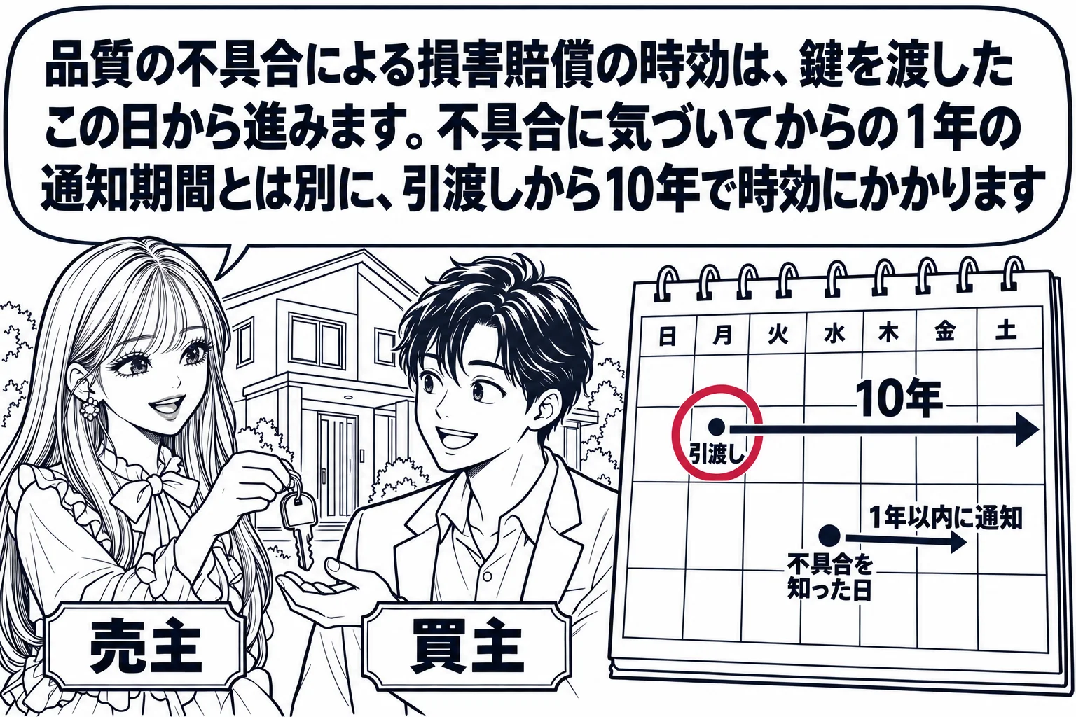 住宅の引渡しの場面。新しい家の前で、先生が売主役（札「売主」）として鍵を買主の男性（札「買主」）に手渡している。その横に大きなカレンダーがあり、「引渡し」の日に丸印、そこから右へ矢印「10年」が伸びている。別の日に小さく「不具合を知った日」