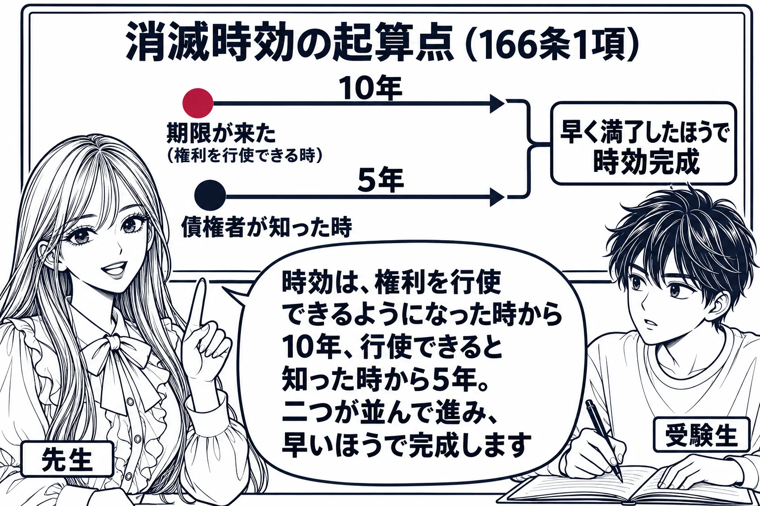 教室の場面。先生が教師役（札「先生」）で黒板の前に立つ。黒板に二本の横向きの時間軸が上下に並ぶ。上の軸は点「期限が来た（権利を行使できる時）」から右へ矢印「10年」。下の軸は点「債権者が知った時」から右へ矢印「5年」。二本の軸の右端に「早く