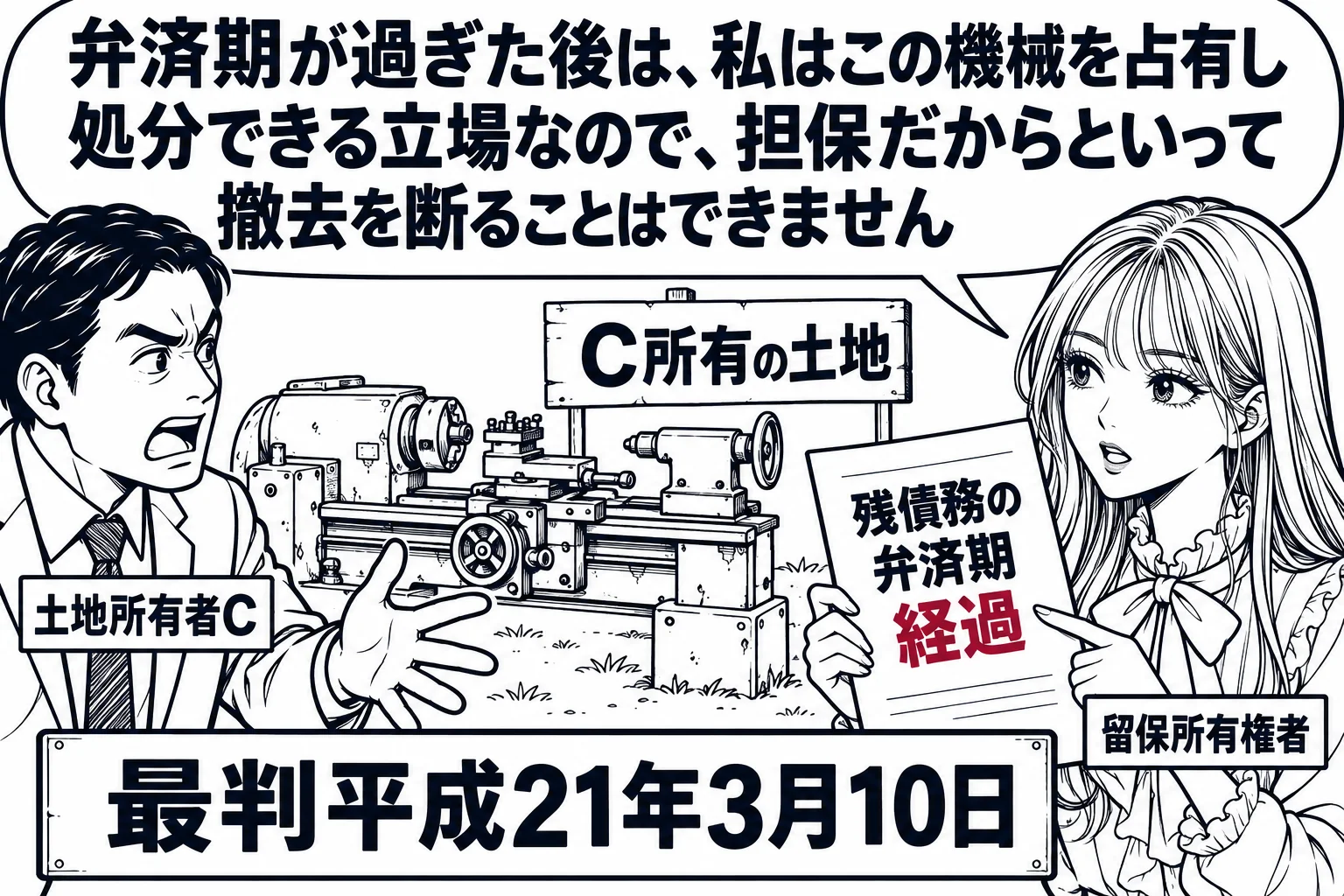 空き地の場面。他人の土地（札「C所有の土地」）に古い工作機械が放置されている。土地所有者の男性（札「土地所有者C」）が先生に詰め寄り、先生が留保売主役（札「留保所有権者」）で書類「残債務の弁済期 経過」を見ている。先生の吹き出し「弁済期が過