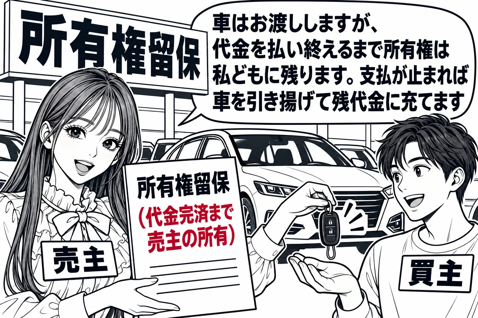 自動車販売店の店先。新車の横で男性（札「買主」）がキーを受け取り、先生が販売店員役（札「売主」）で書類「所有権留保（代金完済まで売主の所有）」を示している。先生の吹き出し「車はお渡ししますが、代金を払い終えるまで所有権は私どもに残ります。支