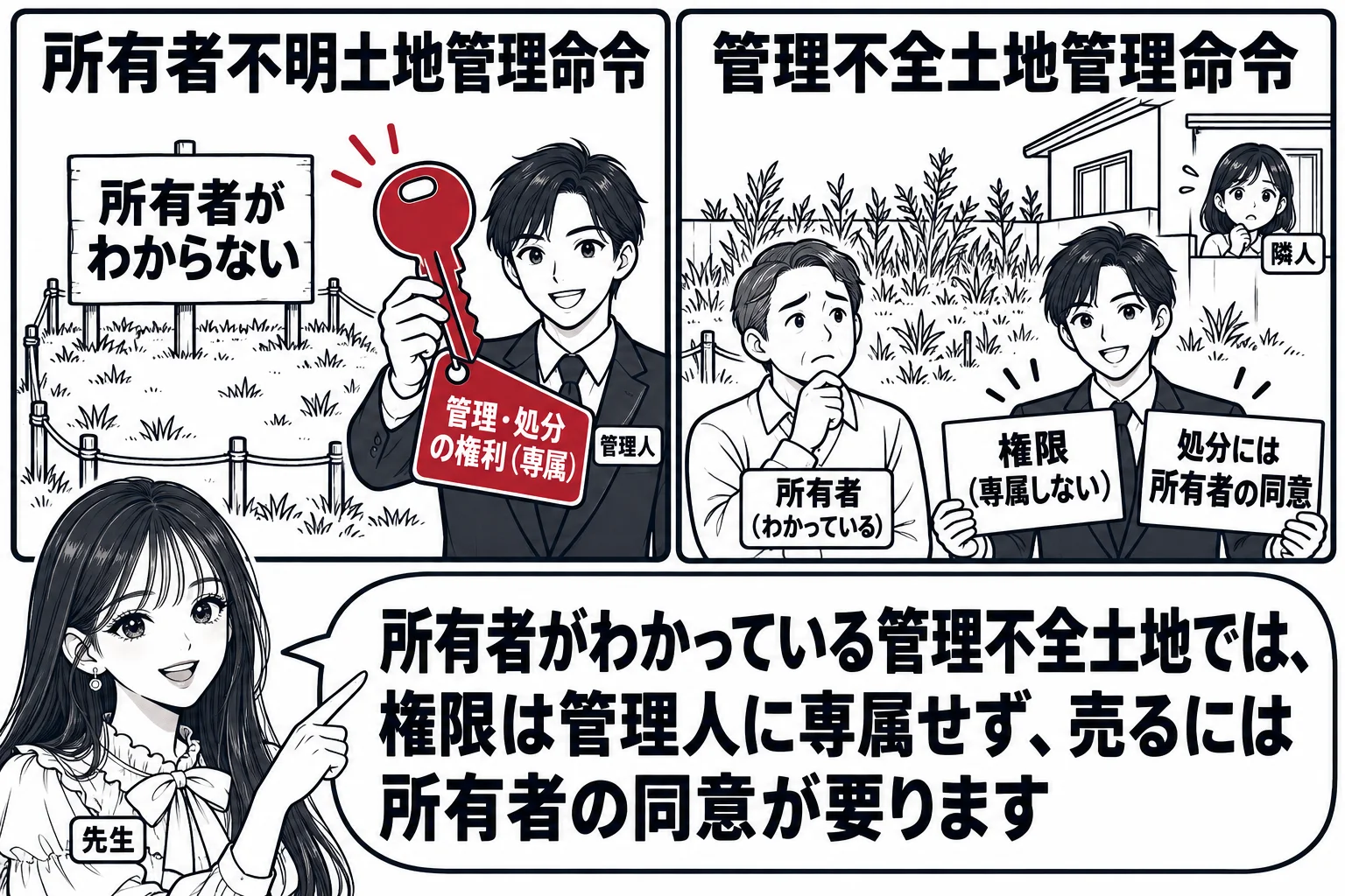 左右二つの枠の板書。左の枠「所有者不明土地管理命令」には空き地と「所有者がわからない」の札、管理人の手に「管理・処分の権利（専属）」の鍵。右の枠「管理不全土地管理命令」には荒れた土地と、その隣の家から困った顔の隣人、土地の所有者（札「所有者