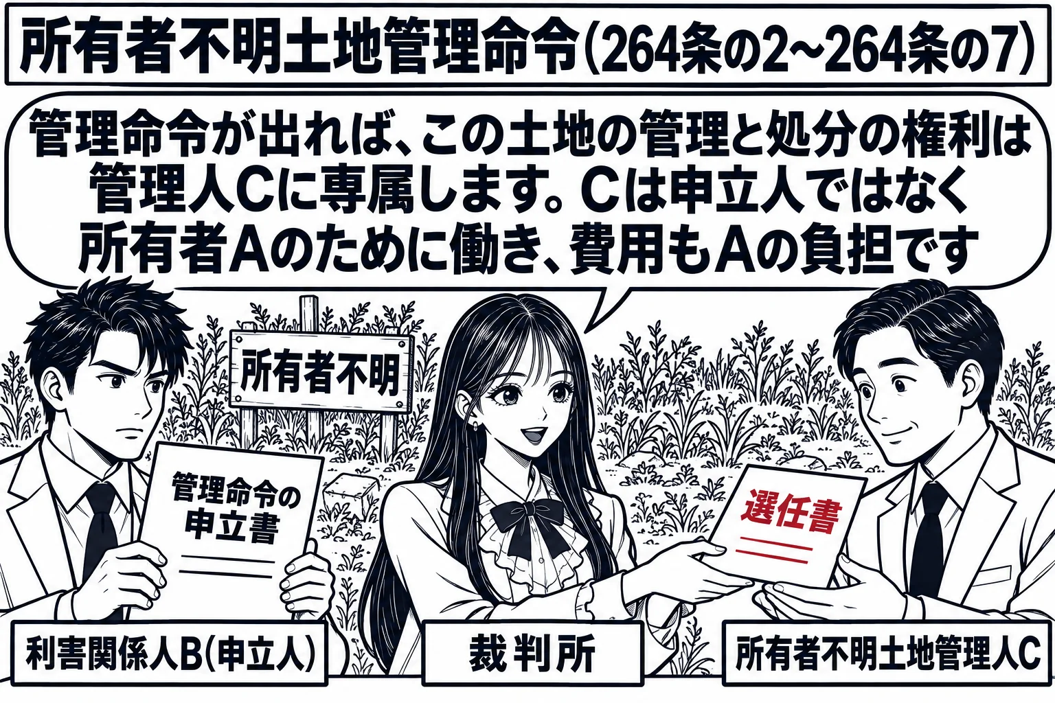 草の生い茂った空き地の場面。空き地の前に「所有者不明」と書かれた立札。手前に男性（札「利害関係人B（申立人）」）が「管理命令の申立書」を持ち、裁判官役の先生（札「裁判所」）が男性（札「所有者不明土地管理人C」）に「選任書」を渡している。先生