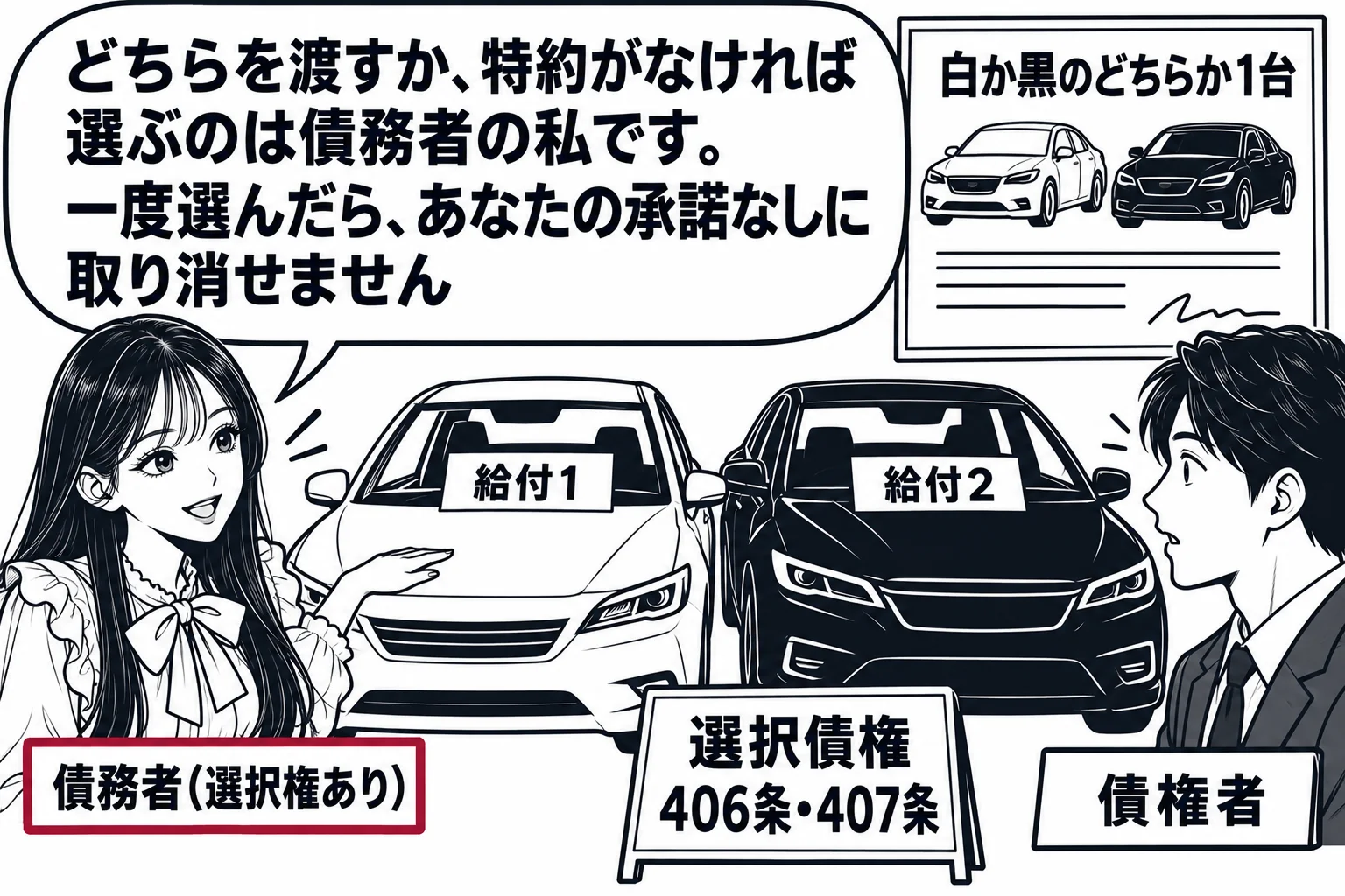 自動車販売店のショールームの場面。白い車と黒い車が並び、それぞれに札「給付1」「給付2」。先生が販売店の店員役（札「債務者（選択権あり）」）で、白い車のボンネットに手を置いている。向かいに男性客（札「債権者」）。壁に契約書の拡大パネル「白か