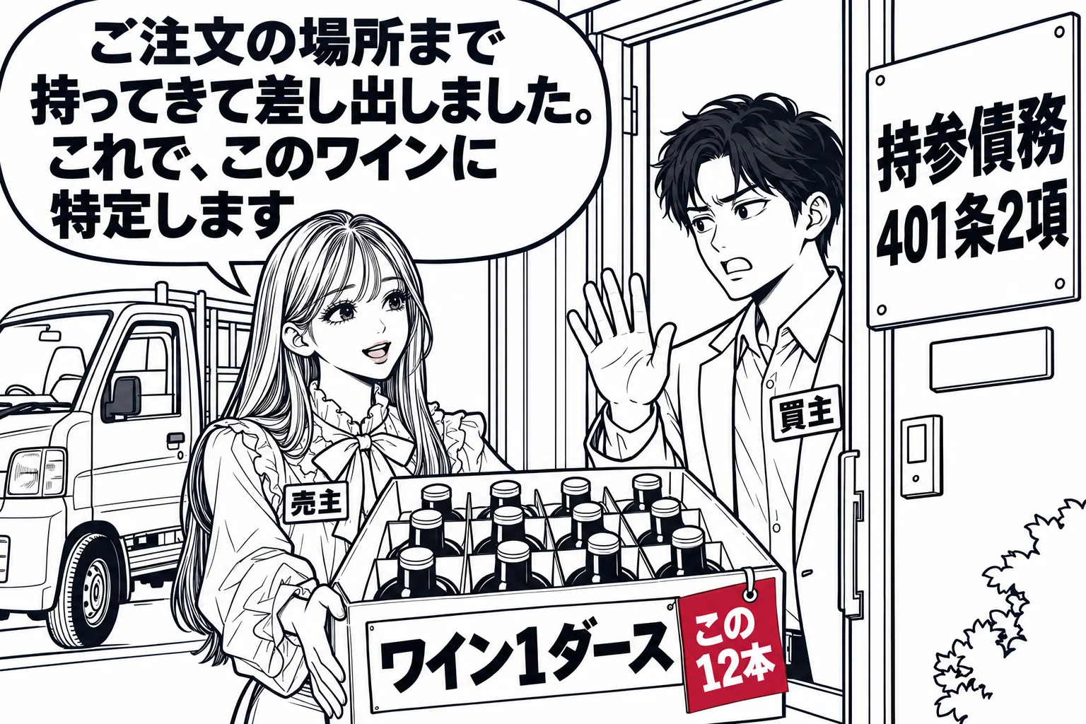 住宅の玄関先の場面。先生が酒屋の店員役（札「売主」）で、ワインのケース（札「ワイン1ダース」）を玄関の前に置いて差し出している。玄関の内側で男性（札「買主」）が手を振って受け取りを断っている。先生の背後に配達用の軽トラック。先生の吹き出し「