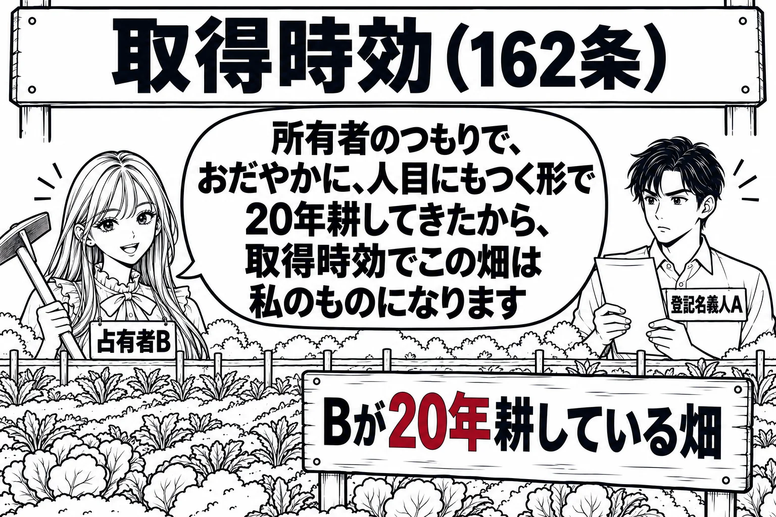 郊外の畑の前の場面。畑の手前に立て札「Bが20年耕している畑」。先生が占有者役（札「占有者B」）で鍬を持って立っている。畑の向こうに男性（札「登記名義人A」）が書類を持って立っている。先生の吹き出し「所有者のつもりで、おだやかに、人目にもつ