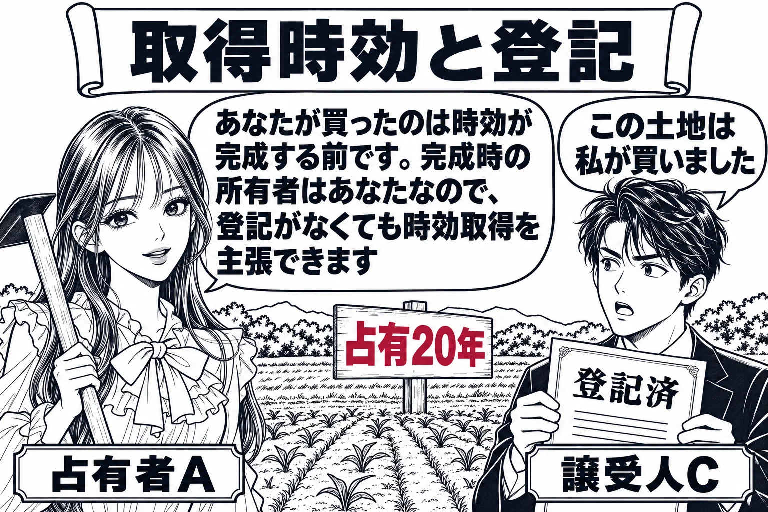 畑の場面。長年耕してきた畑で先生（札「占有者A」）がくわを持って立ち、畑の端に新しい所有者の男性（札「譲受人C」）が登記済みの書類を手に「この土地は私が買いました」と言っている。畑の脇の立て札「占有20年」。先生の吹き出し「あなたが買ったの