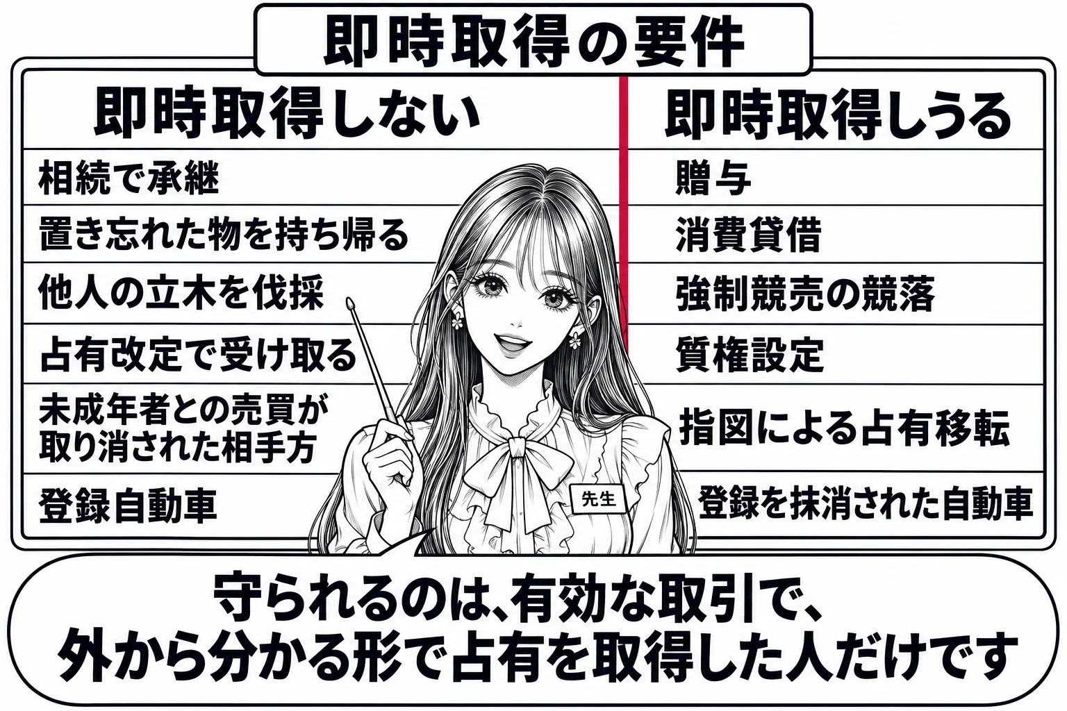 板書の図解。黒板を左右に分け、左に「即時取得しない」として「相続で承継」「置き忘れた物を持ち帰る」「他人の立木を伐採」「占有改定で受け取る」「未成年者との売買が取り消された相手方」「登録自動車」、右に「即時取得しうる」として「贈与」「消費貸