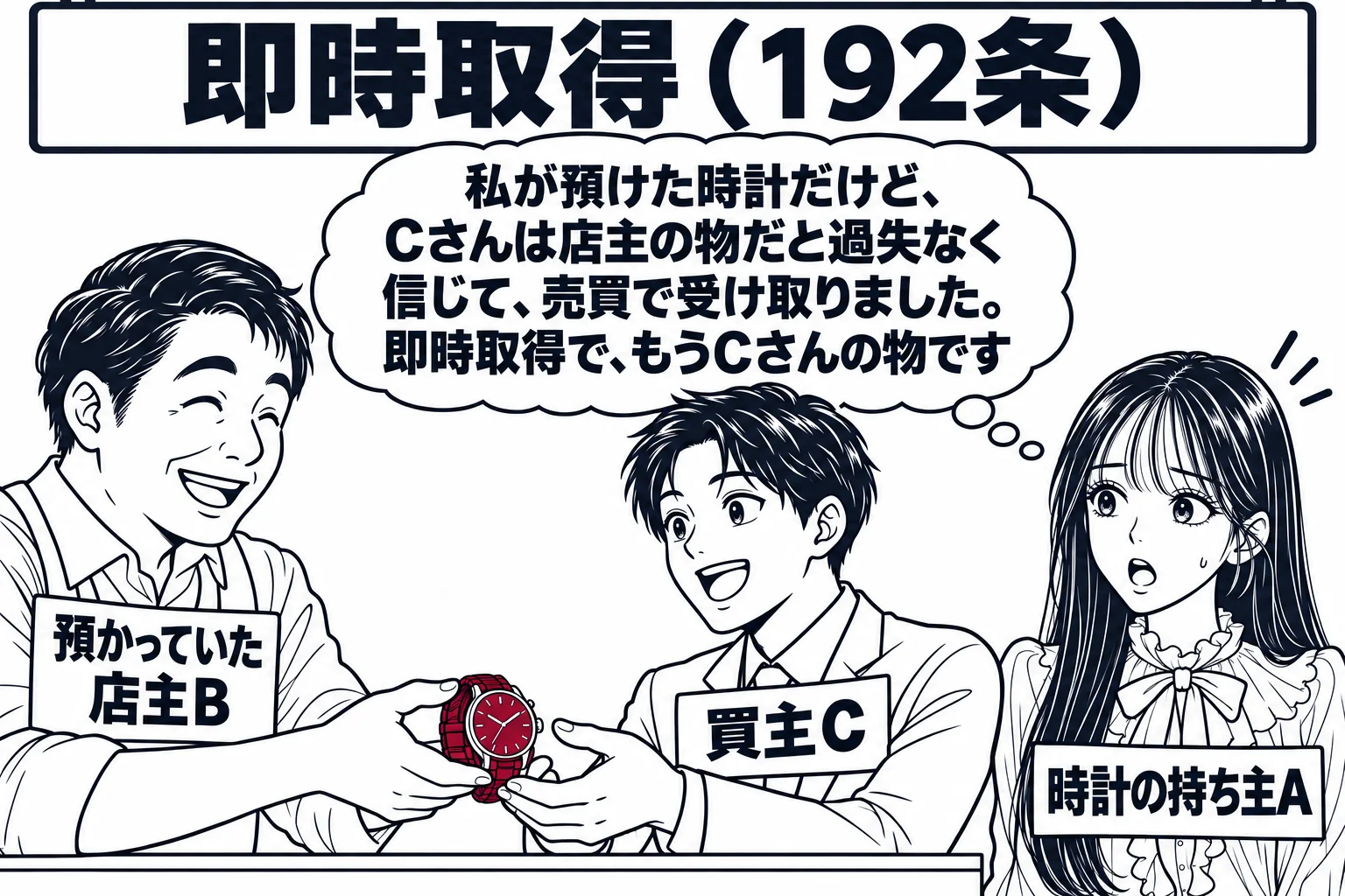 中古品店の場面。カウンターの上に腕時計があり、店主の男性（札「預かっていた店主B」）が男性客（札「買主C」）に時計を手渡している。少し離れた所で先生（札「時計の持ち主A」）が驚いた顔をしている。先生の心の声の吹き出し「私が預けた時計だけど、