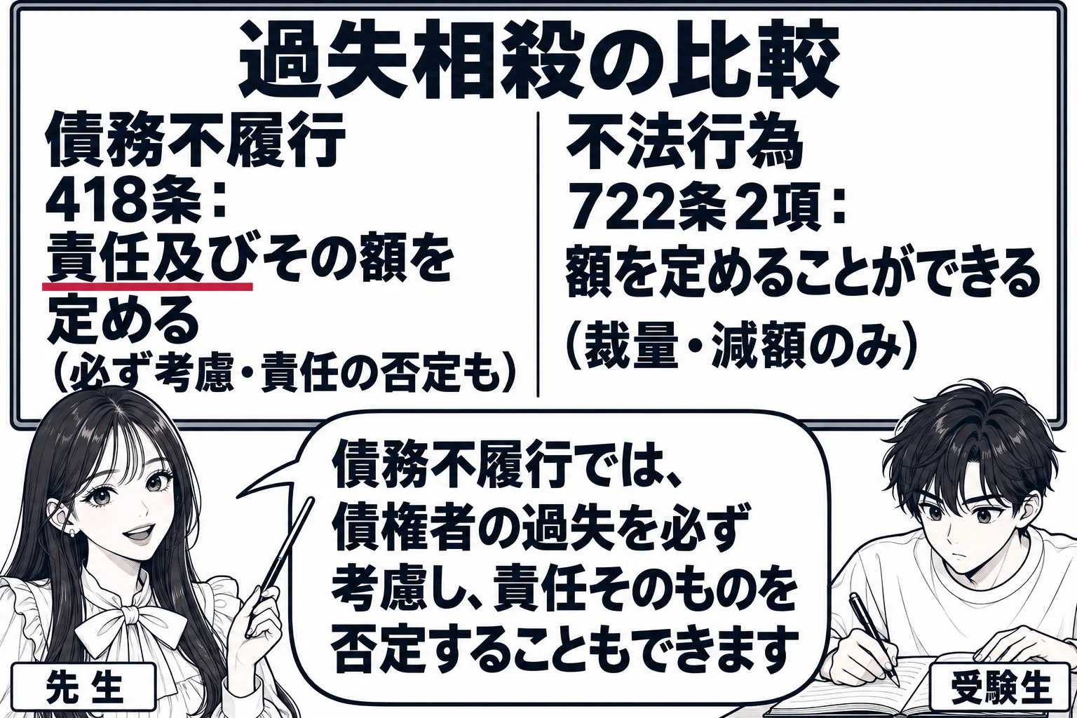 教室の場面。先生が教師役（札「先生」）で黒板の前に立つ。黒板の左に「債務不履行 418条：責任及びその額を定める（必ず考慮・責任の否定も）」、右に「不法行為 722条2項：額を定めることができる（裁量・減額のみ）」と左右に並べて書かれている