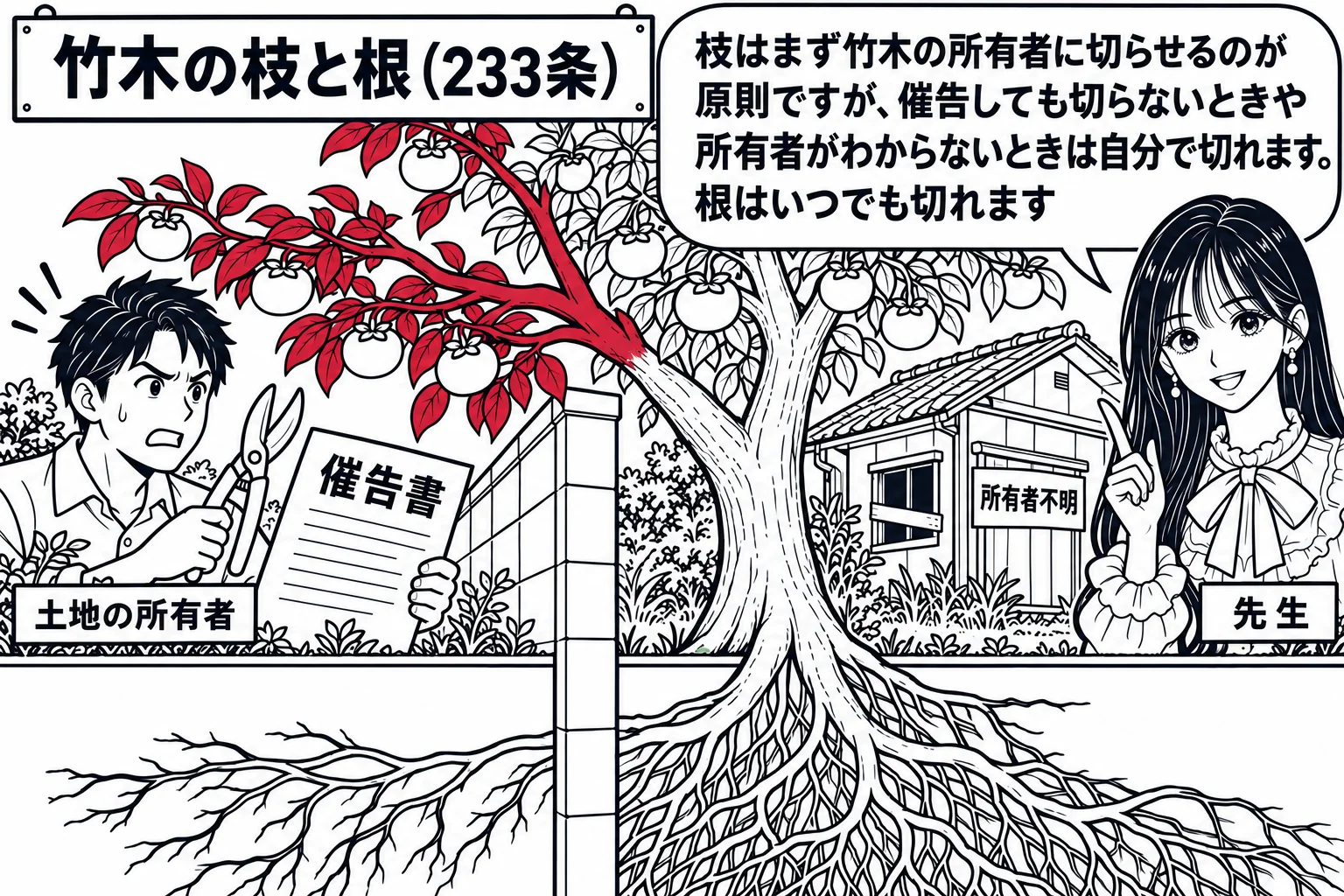 境界の塀をはさんだ二軒の庭の場面。右の庭の大きな柿の木の枝が塀を越えて左の庭に伸び、根も塀の下から左の庭に出ている。左の庭で男性（札「土地の所有者」）がはさみを持ち、手に「催告書」を持っている。右の家は空き家で「所有者不明」の札が貼られてい