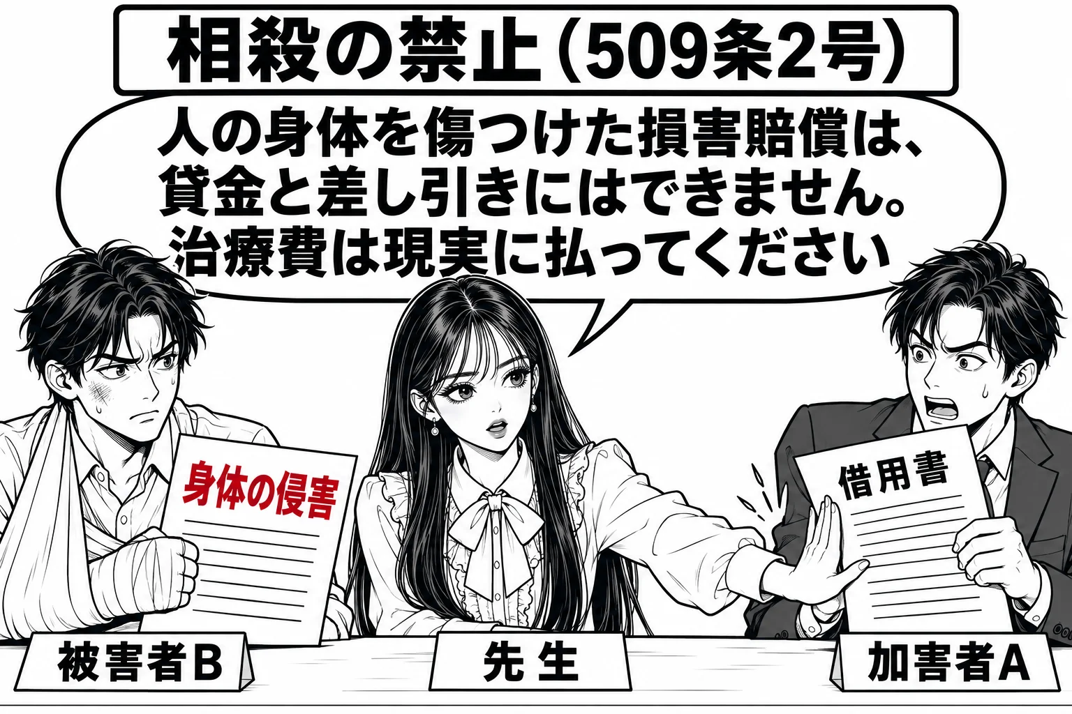 示談の席の場面。机をはさんで、腕に包帯を巻いた男性（札「被害者B」）と、借用書を手にした男性（札「加害者A」）が座っている。先生が調停役（札「先生」）で、Aの借用書を手で押さえて止めている。先生の吹き出し「人の身体を傷つけた損害賠償は、貸金