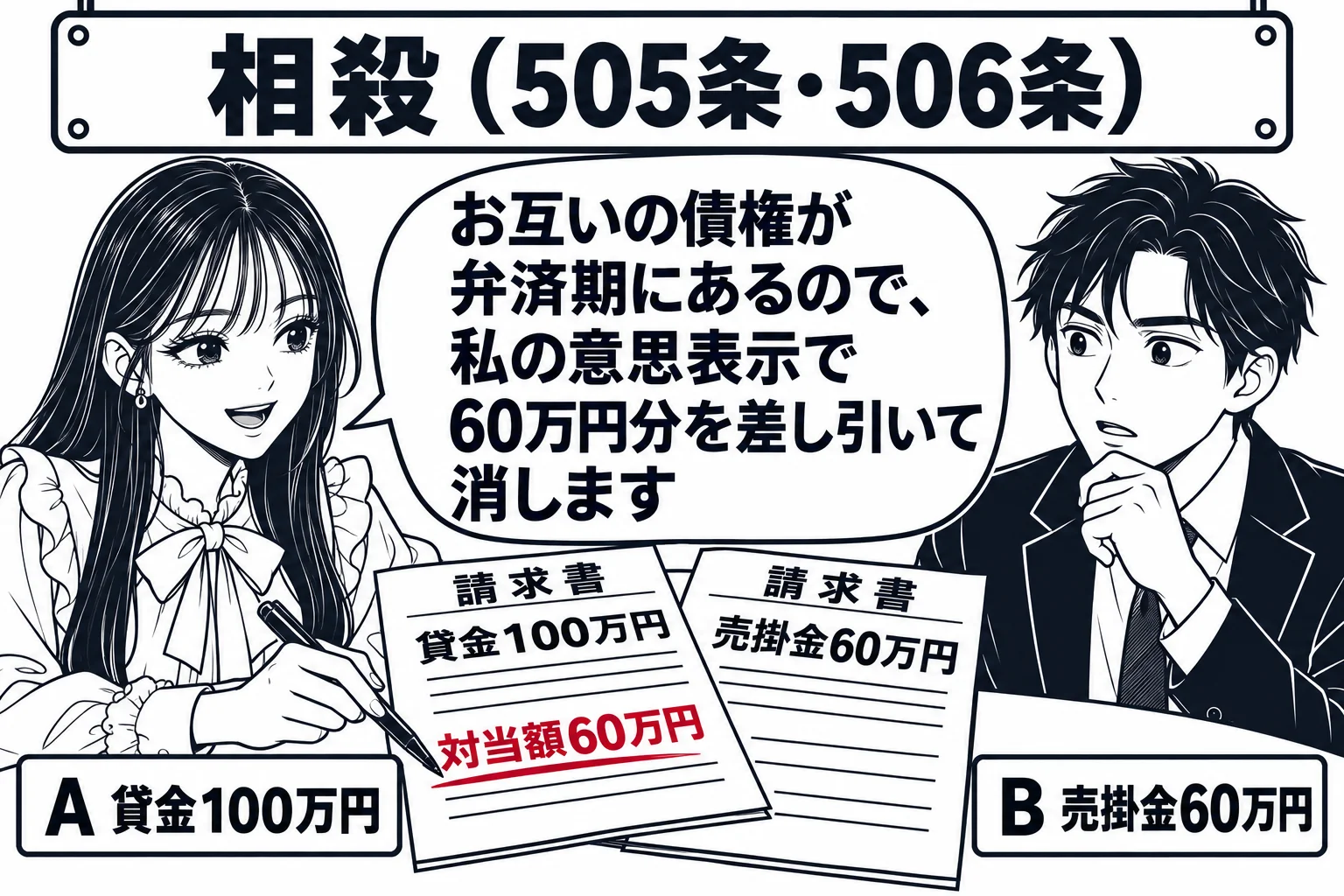 商店街の取引先の事務所の場面。机をはさんで先生が債権者役（札「A 貸金100万円」）、向かいに男性（札「B 売掛金60万円」）が座っている。机の上に二枚の請求書があり、先生が二枚を重ねて「60万円」の部分に線を引いている。先生の吹き出し「お