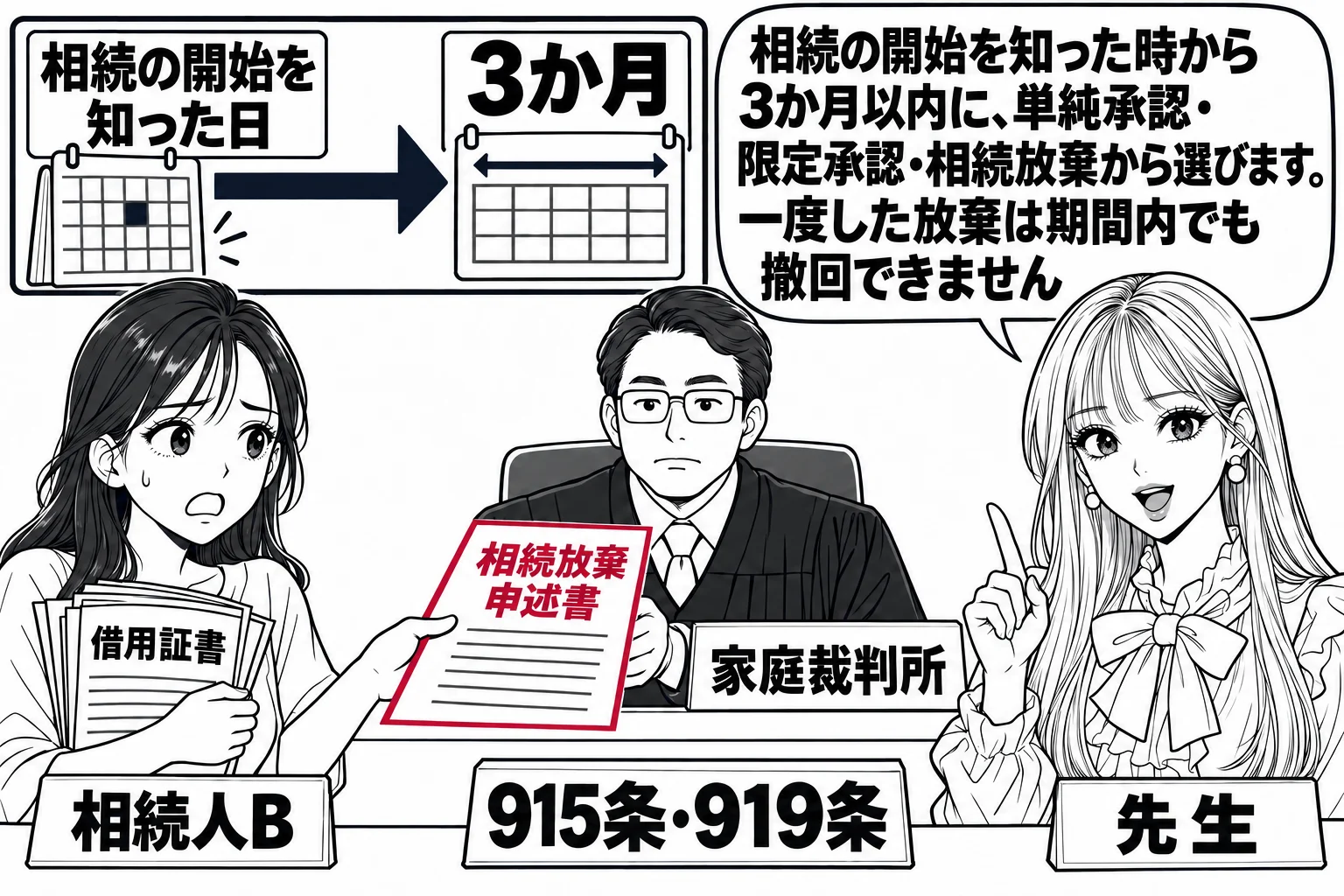 家庭裁判所の窓口の場面。カウンターの奥に裁判官役の男性（札「家庭裁判所」）。手前に、借用証書の束を抱えた女性（札「相続人B」）が「相続放棄申述書」を差し出している。壁のカレンダーに「相続の開始を知った日」から「3か月」の矢印。先生が説明役（