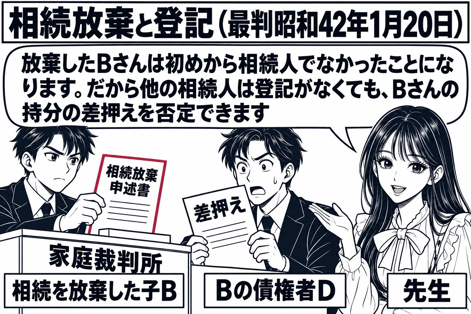 家庭裁判所の窓口の場面。窓口で男性（札「相続を放棄した子B」）が「相続放棄申述書」を差し出している。少し離れた所で別の男性（札「Bの債権者D」）が差押えの書類を持って驚いた顔をしている。先生が説明役（札「先生」）で手前に立ち、吹き出し「放棄