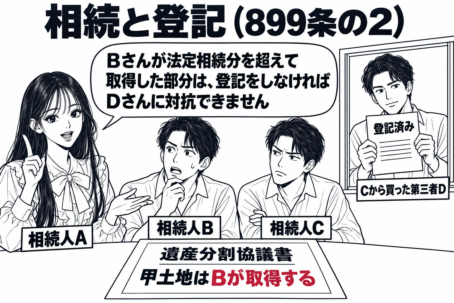 遺産分割協議の座卓の場面。座卓を囲んで兄弟の男性二人（札「相続人B」「相続人C」）と母親役の先生（札「相続人A」）が座り、卓上に「遺産分割協議書　甲土地はBが取得する」と書いた紙がある。窓の外で別の男性（札「Cから買った第三者D」）が登記済