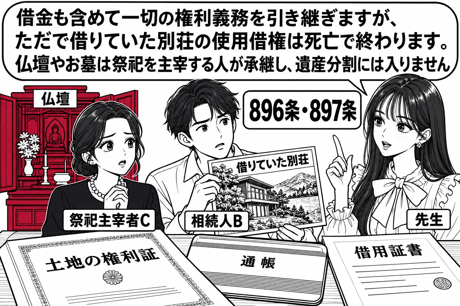 被相続人の家の座敷の場面。畳の上に「土地の権利証」「通帳」「借用証書」「仏壇」が並び、仏壇の前に女性（札「祭祀主宰者C」）が座っている。その横に男性（札「相続人B」）が「借りていた別荘」の写真を持って首をかしげている。先生が説明役（札「先生