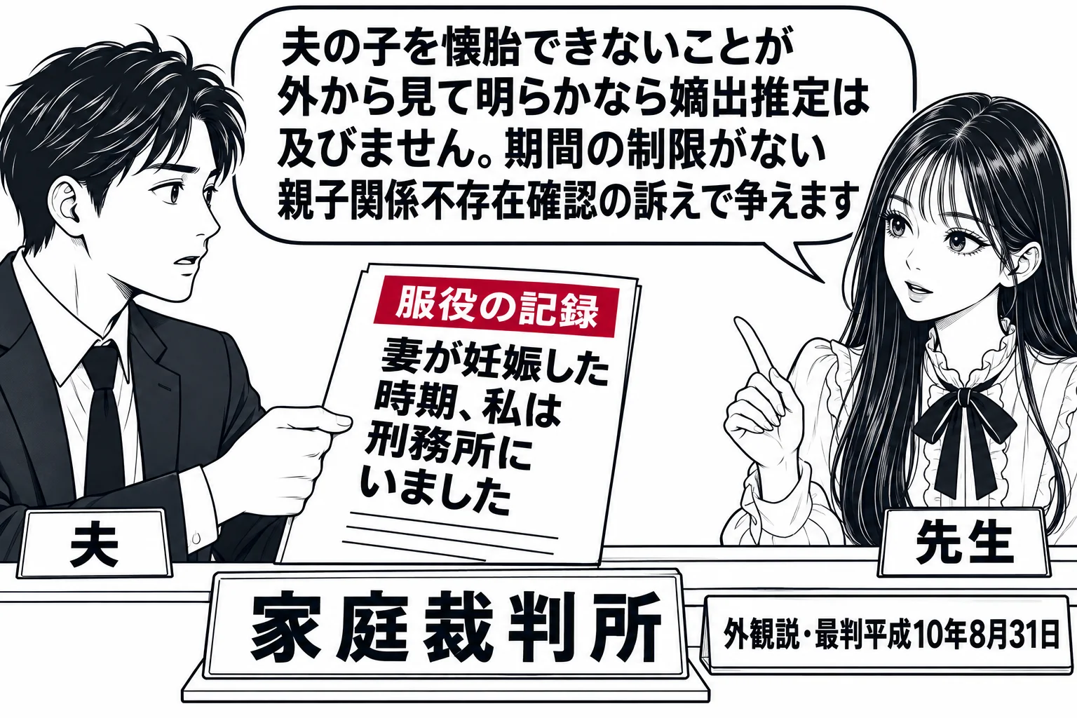 家庭裁判所の窓口の場面。男性（札「夫」）が「妻が妊娠した時期、私は刑務所にいました」と書いた書類（札「服役の記録」）を差し出している。窓口の奥に先生が説明役（札「先生」）で立ち、吹き出し「夫の子を懐胎できないことが外から見て明らかなら嫡出推