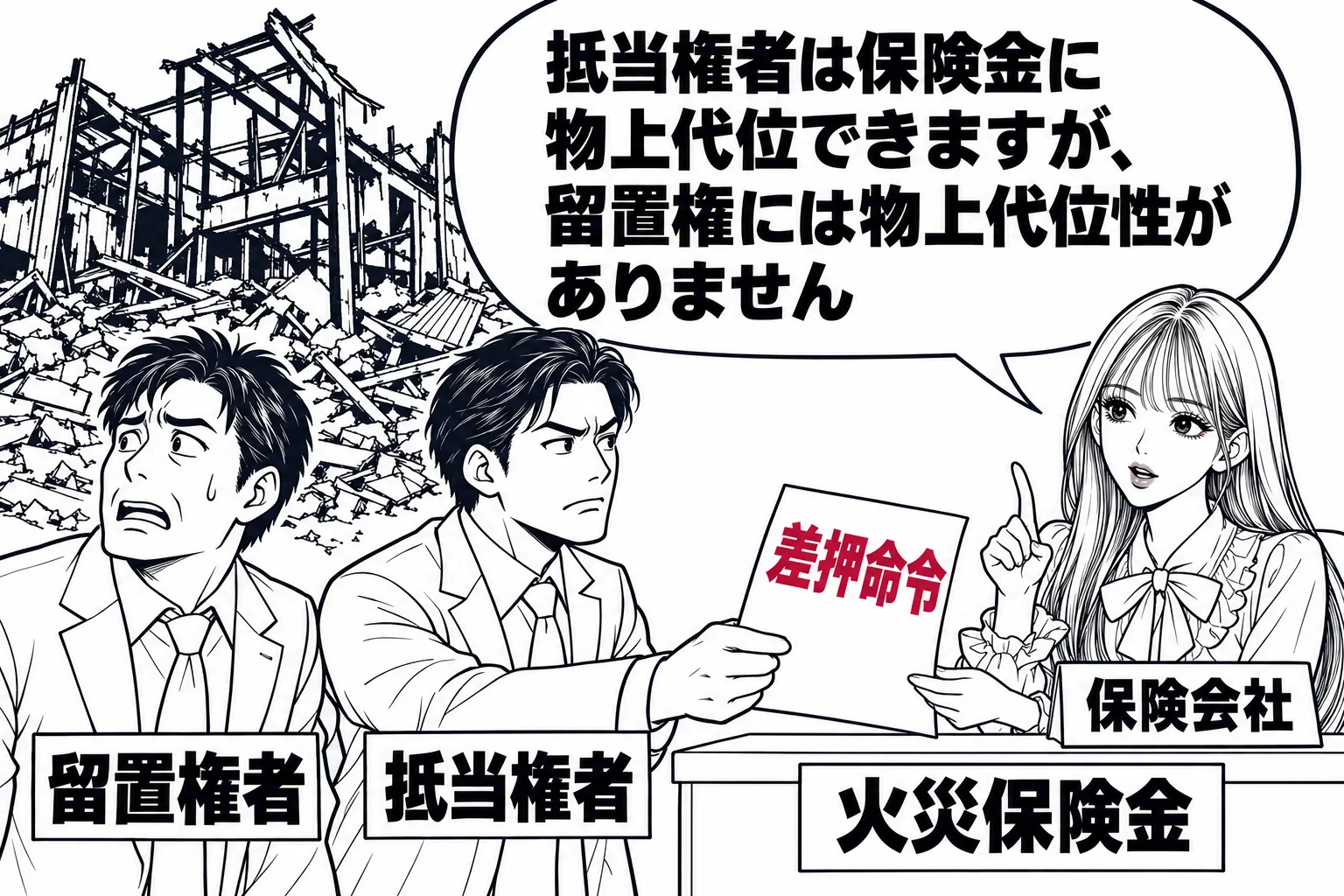 火事で焼けた倉庫の前の場面。倉庫の前で男性（札「留置権者」）が焼け跡を見て困った顔をし、隣で男性（札「抵当権者」）が保険会社の窓口に「差押命令」を差し出している。保険会社の窓口の看板「火災保険金」。先生が保険会社の担当者役（札「保険会社」）