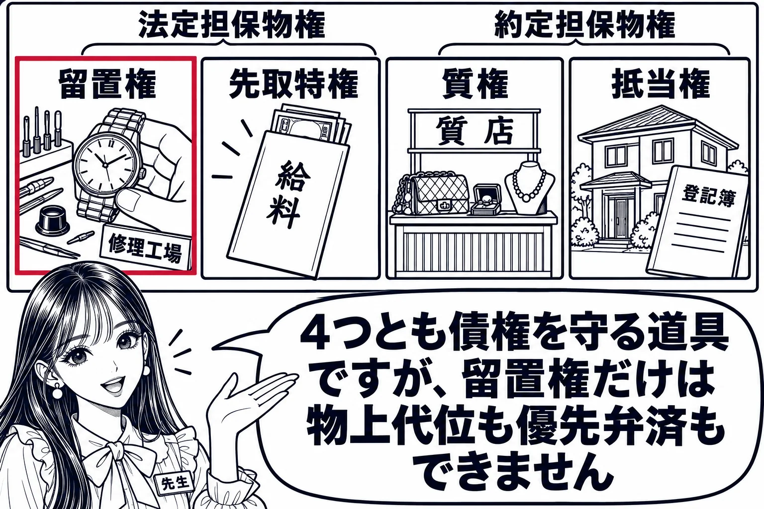 板書の図解。黒板に4つの箱が横に並ぶ。「留置権（修理工場で時計を預かる絵）」「先取特権（給料袋の絵）」「質権（質店のカウンターの絵）」「抵当権（家と登記簿の絵）」。箱の上に「法定担保物権」「約定担保物権」の括り。先生が教師役（札「先生」）で