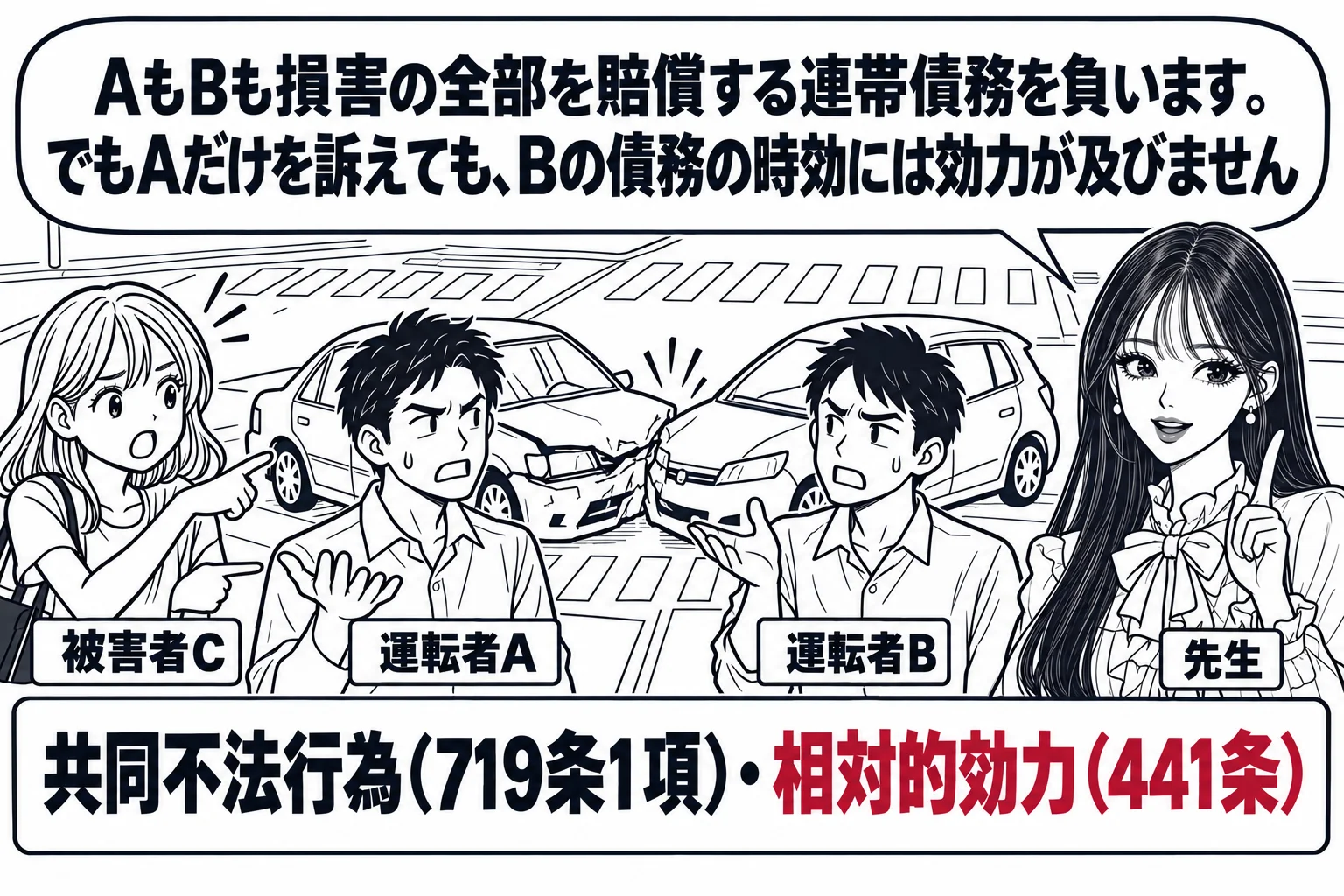 交差点の交通事故の現場の直後の場面（流血や負傷の描写はしない）。二台の車がぶつかって止まっている。男性（札「運転者A」）と男性（札「運転者B」）。歩道に女性（札「被害者C」）が立ち、両方を指さしている。先生が説明役（札「先生」）。先生の吹き
