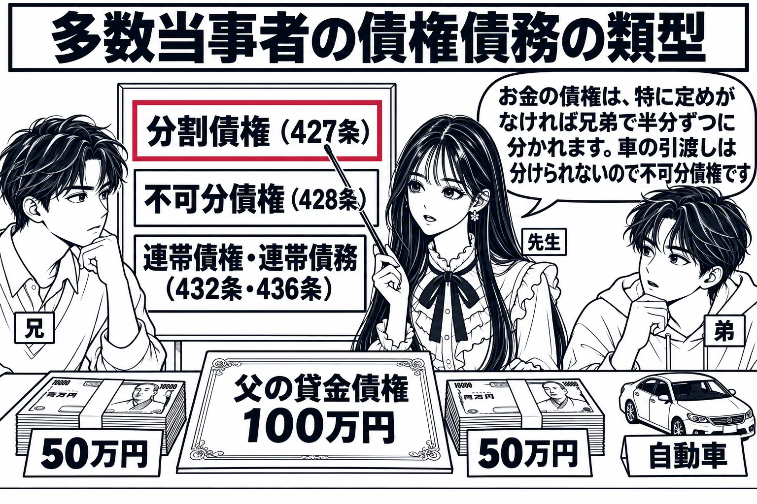 兄弟が亡き父の書斎の机を挟んで座っている場面。机の上に「父の貸金債権 100万円」と書いた証書と、二つに分けて置いた「50万円」「50万円」の札束の絵、その横に一台の「自動車」の模型。男性（札「兄」）と男性（札「弟」）。先生が説明役（札「先