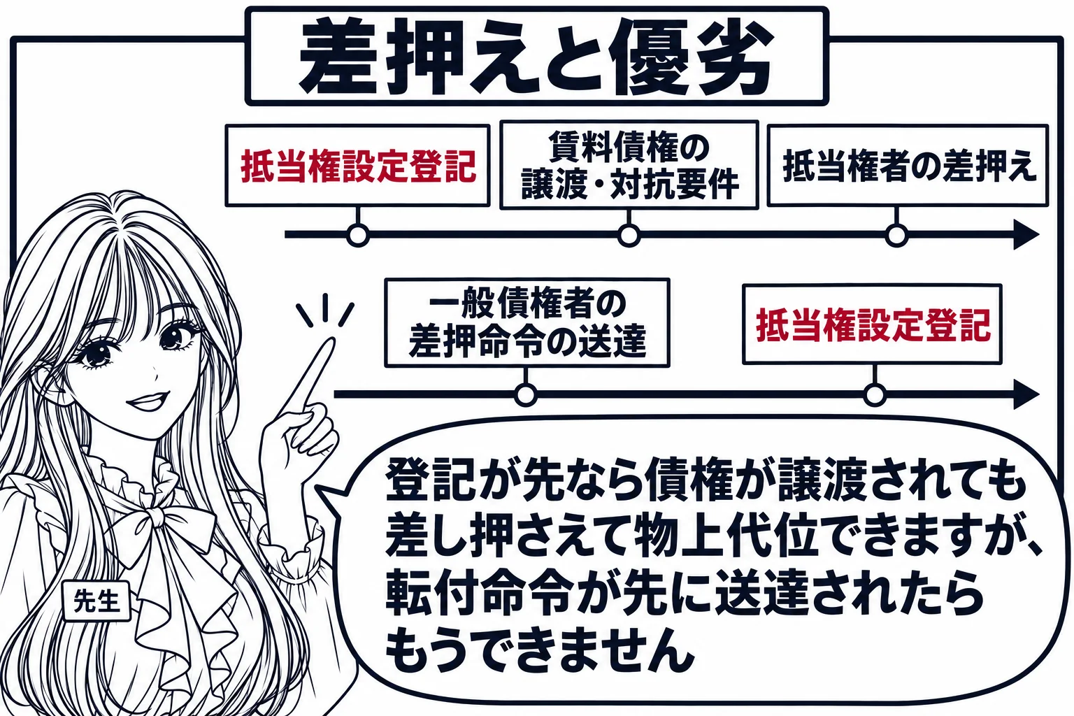 板書の図解。黒板に時間の矢印が引かれ、左から「抵当権設定登記」「賃料債権の譲渡・対抗要件」「抵当権者の差押え」と並ぶ。その下の段に別の矢印で「一般債権者の差押命令の送達」「抵当権設定登記」と並ぶ。先生が教師役（札「先生」）で上の段を指し、吹