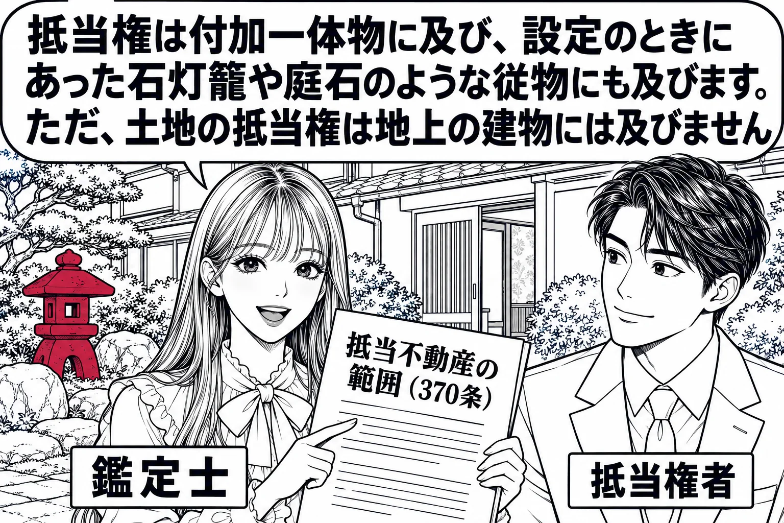 庭付きの一戸建ての前の場面。家の庭に石灯籠と庭石と植木があり、家の中には壁紙が見える。玄関先に先生が不動産鑑定士役（札「鑑定士」）で立ち、評価書を手にしている。横に銀行員の男性（札「抵当権者」）。先生の吹き出し「抵当権は付加一体物に及び、設