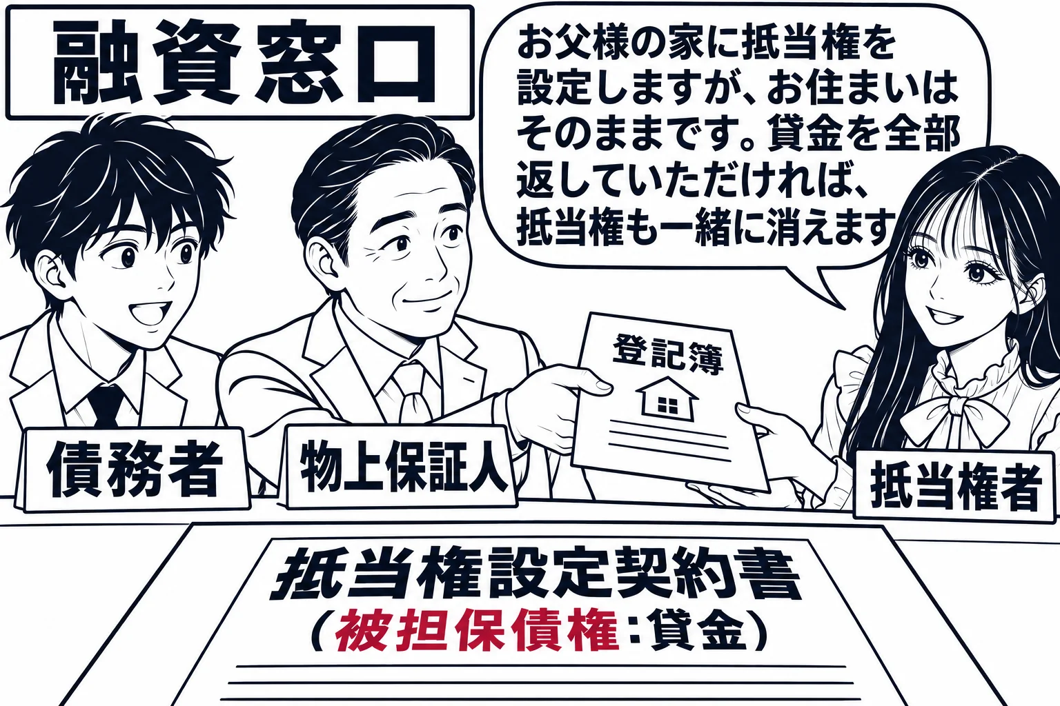 銀行の融資窓口の場面。窓口の外に若い男性（札「債務者」）とその父親（札「物上保証人」）が並び、父親が自宅の登記簿を差し出している。窓口の内側に先生が銀行員役（札「抵当権者」）で座る。机の上に「抵当権設定契約書（被担保債権：貸金）」。先生の吹