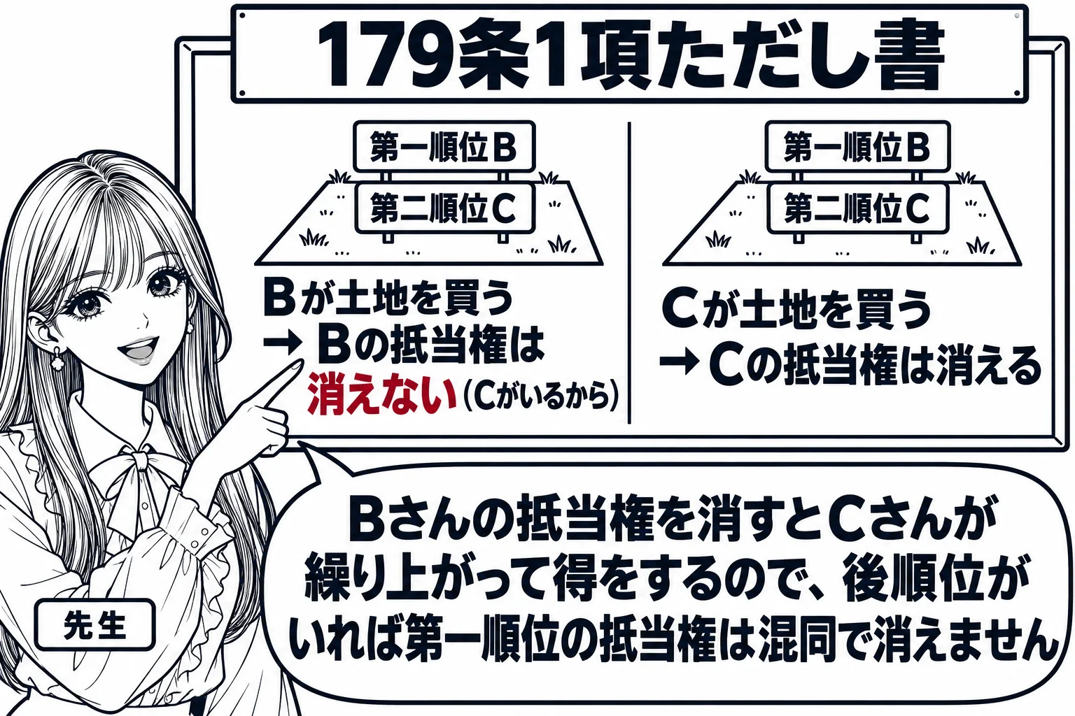 板書の図解。黒板に土地の絵と「第一順位B」「第二順位C」の二段の札。左の場合「Bが土地を買う → Bの抵当権は消えない（Cがいるから）」、右の場合「Cが土地を買う → Cの抵当権は消える」。先生が教師役（札「先生」）で左を指し、吹き出し「B
