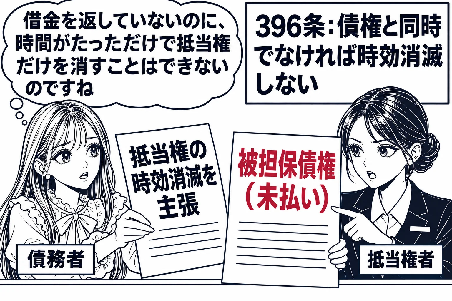 銀行の窓口の場面。先生が債務者役（札「債務者」）で、抵当権者の銀行員（札「抵当権者」）に書類「抵当権の時効消滅を主張」を差し出している。銀行員は書類「被担保債権（未払い）」を指している。先生の頭の上に考える吹き出し「借金を返していないのに、